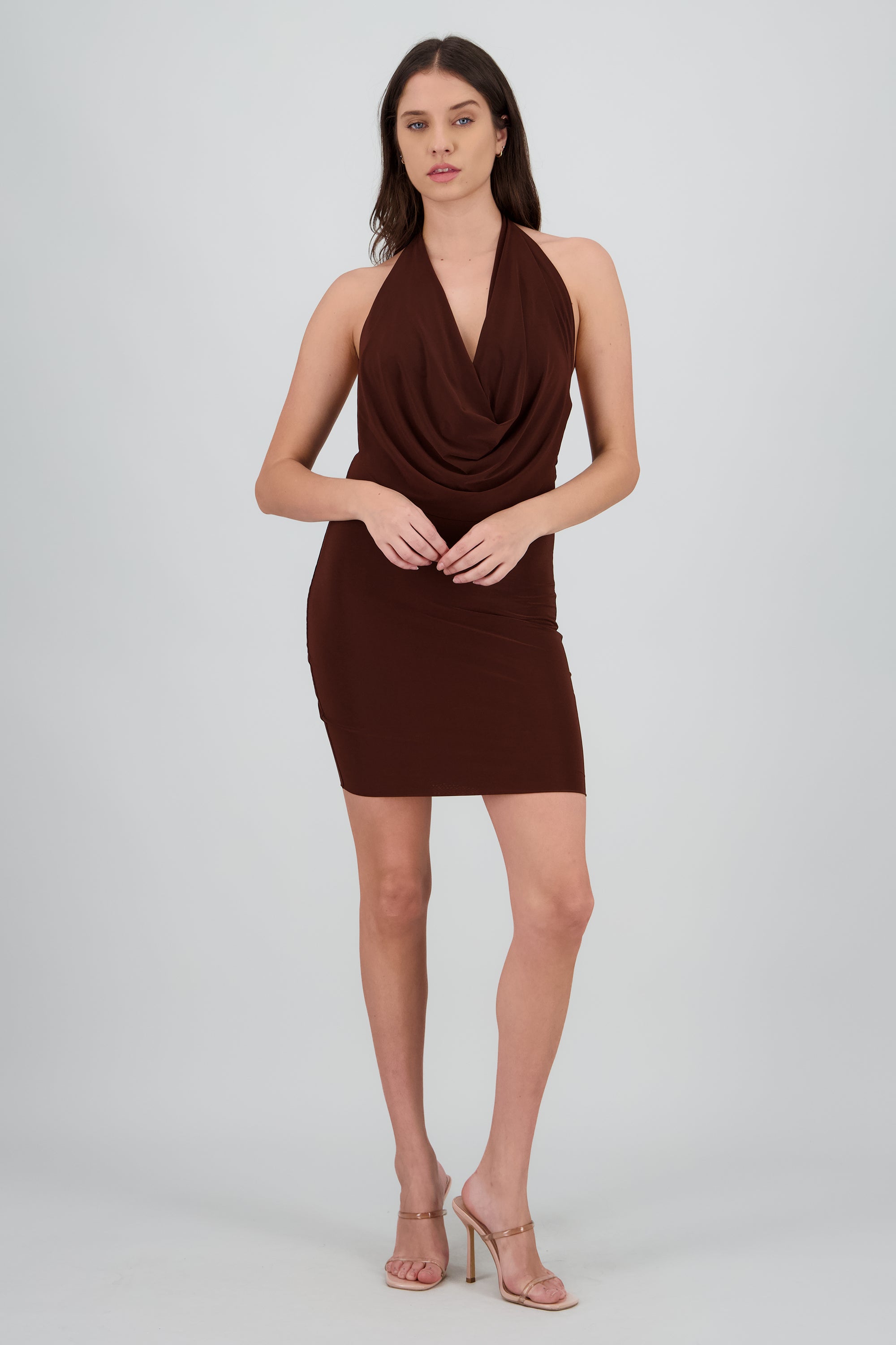 Vestido escote cascada CHOCOLATE