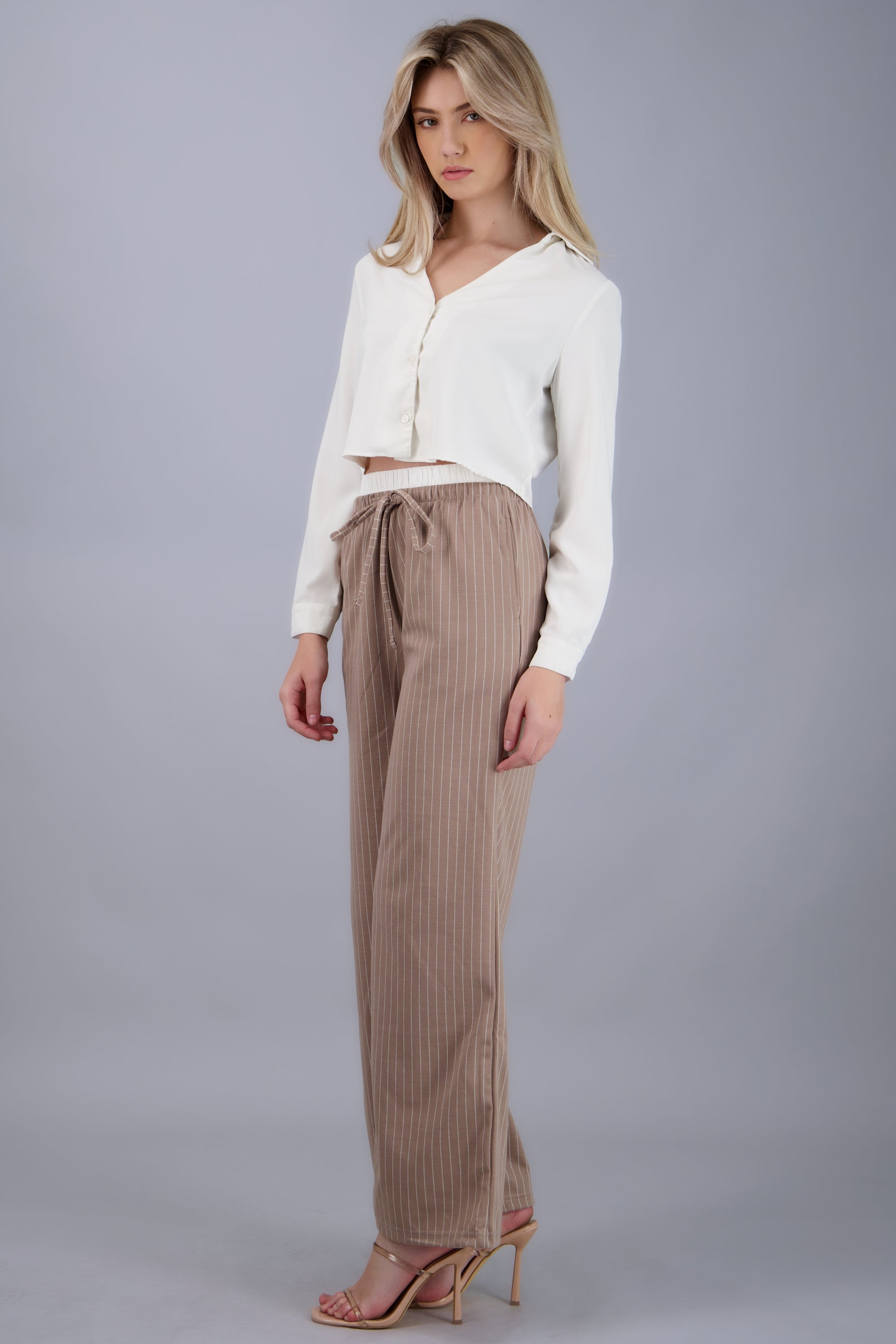 Pantalon rayas pretina contraste jareta TAUPE