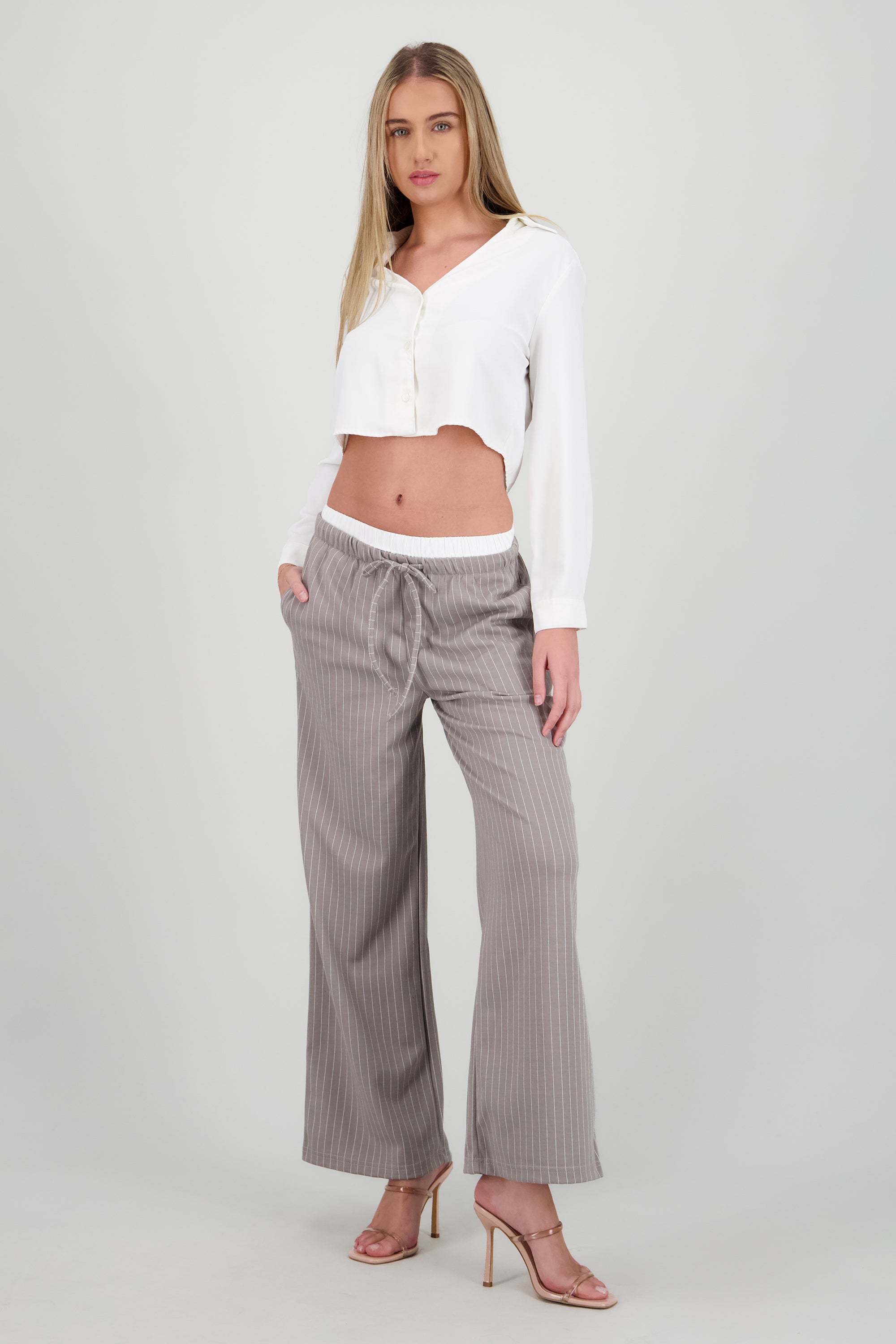 Pantalon rayas pretina contraste jareta GRIS COMBO