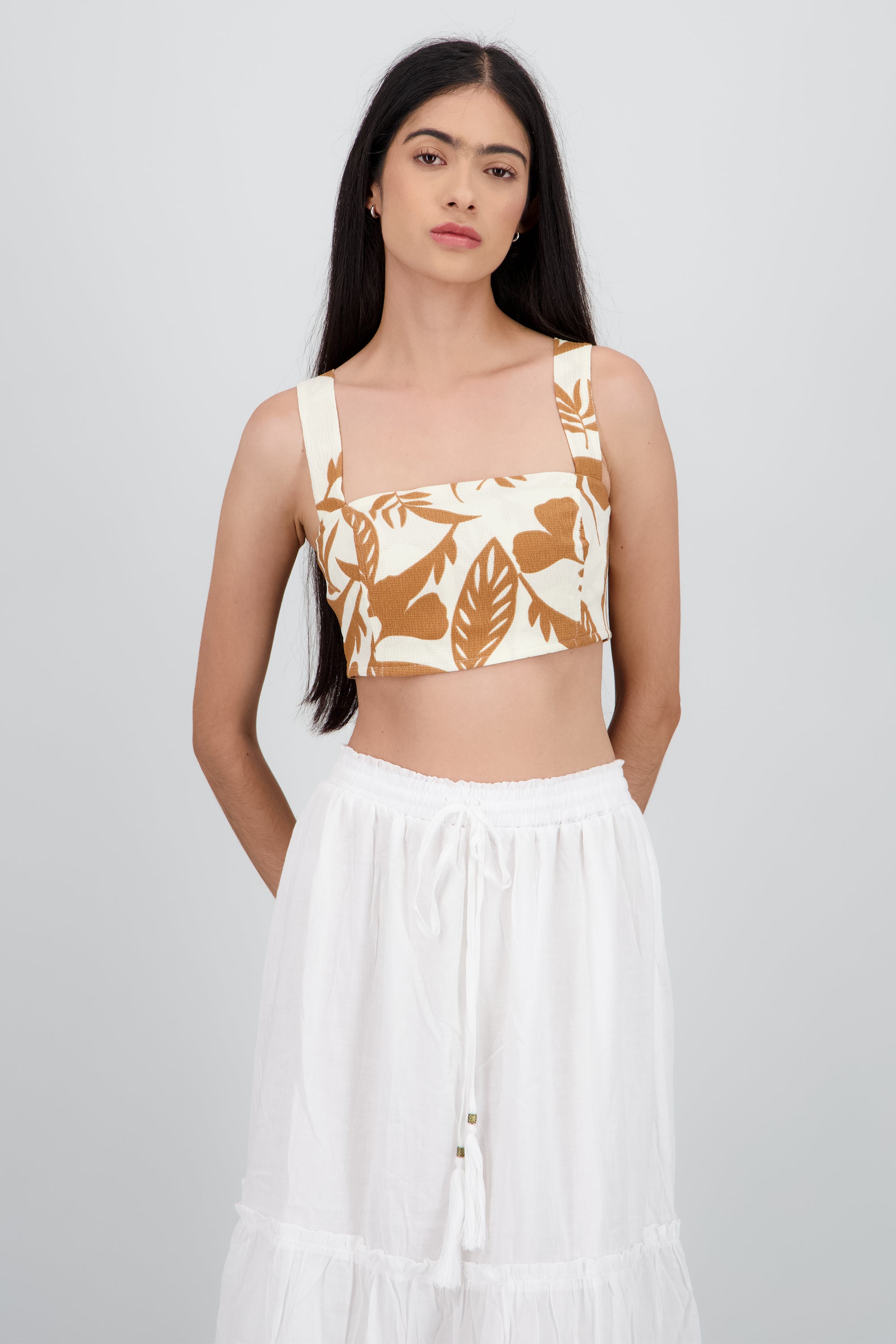 Top crop tirantes detalle smock KHAKI COMBO