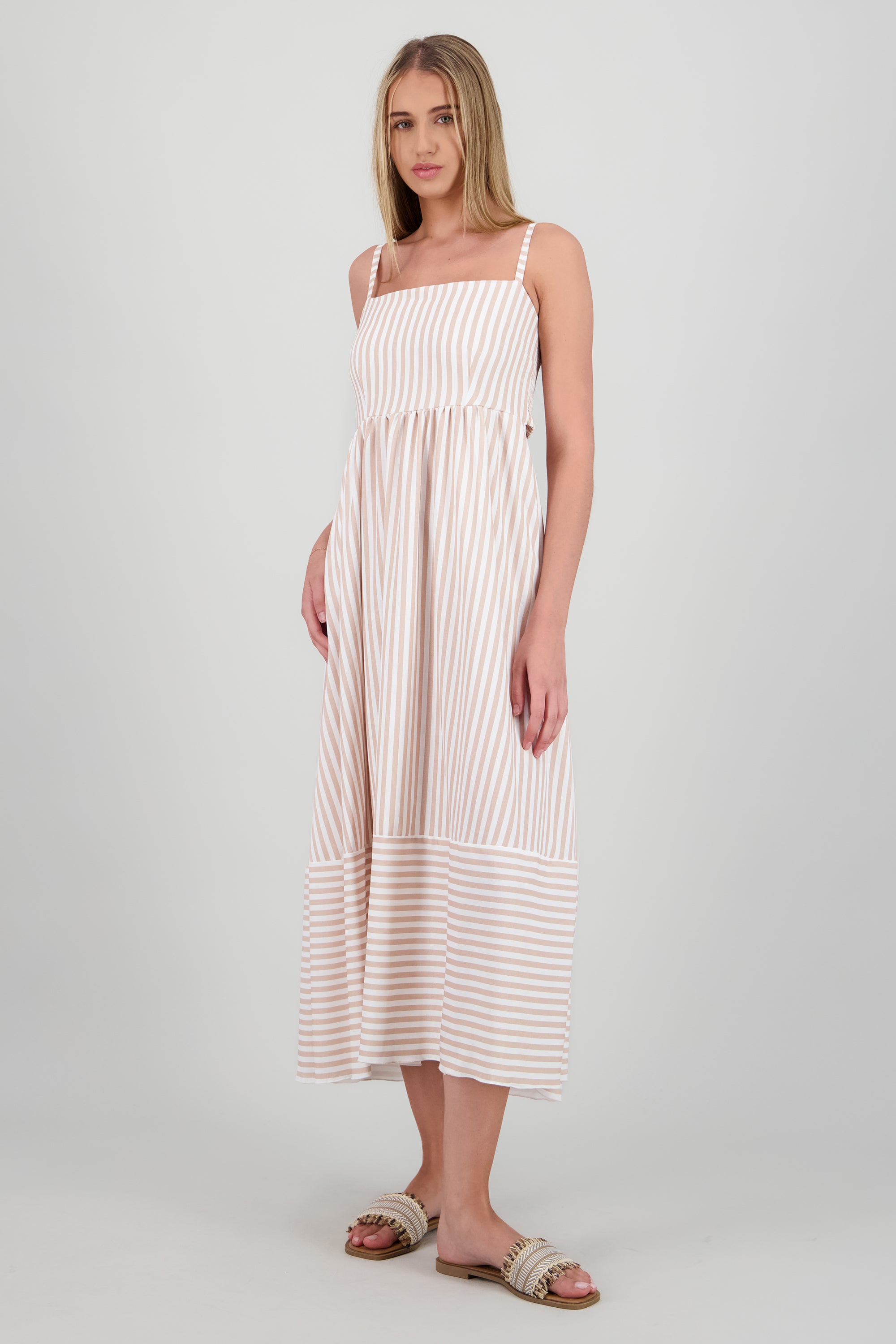 Vestido midi tirantes rayas KHAKI COMBO