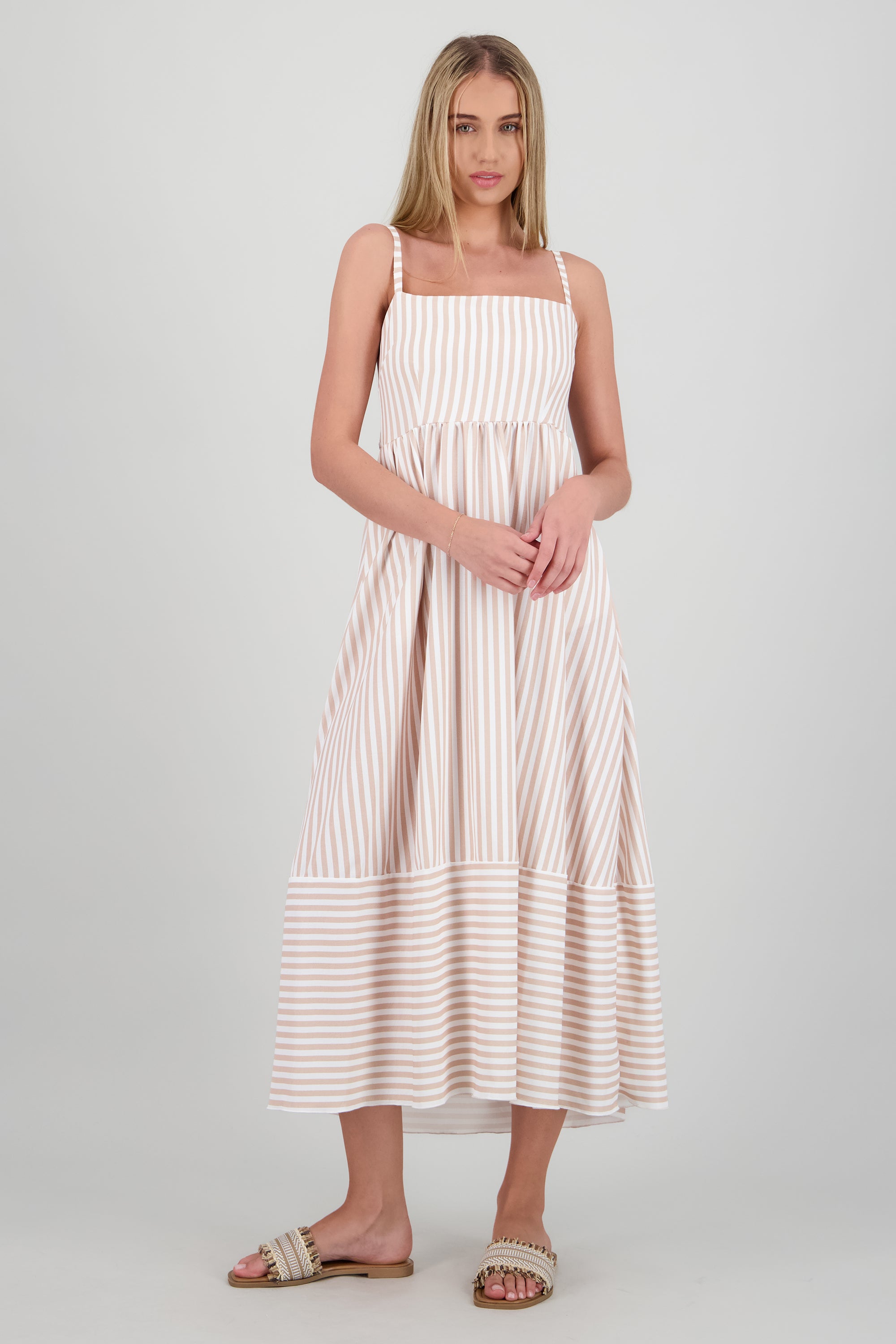 Vestido midi tirantes rayas KHAKI COMBO