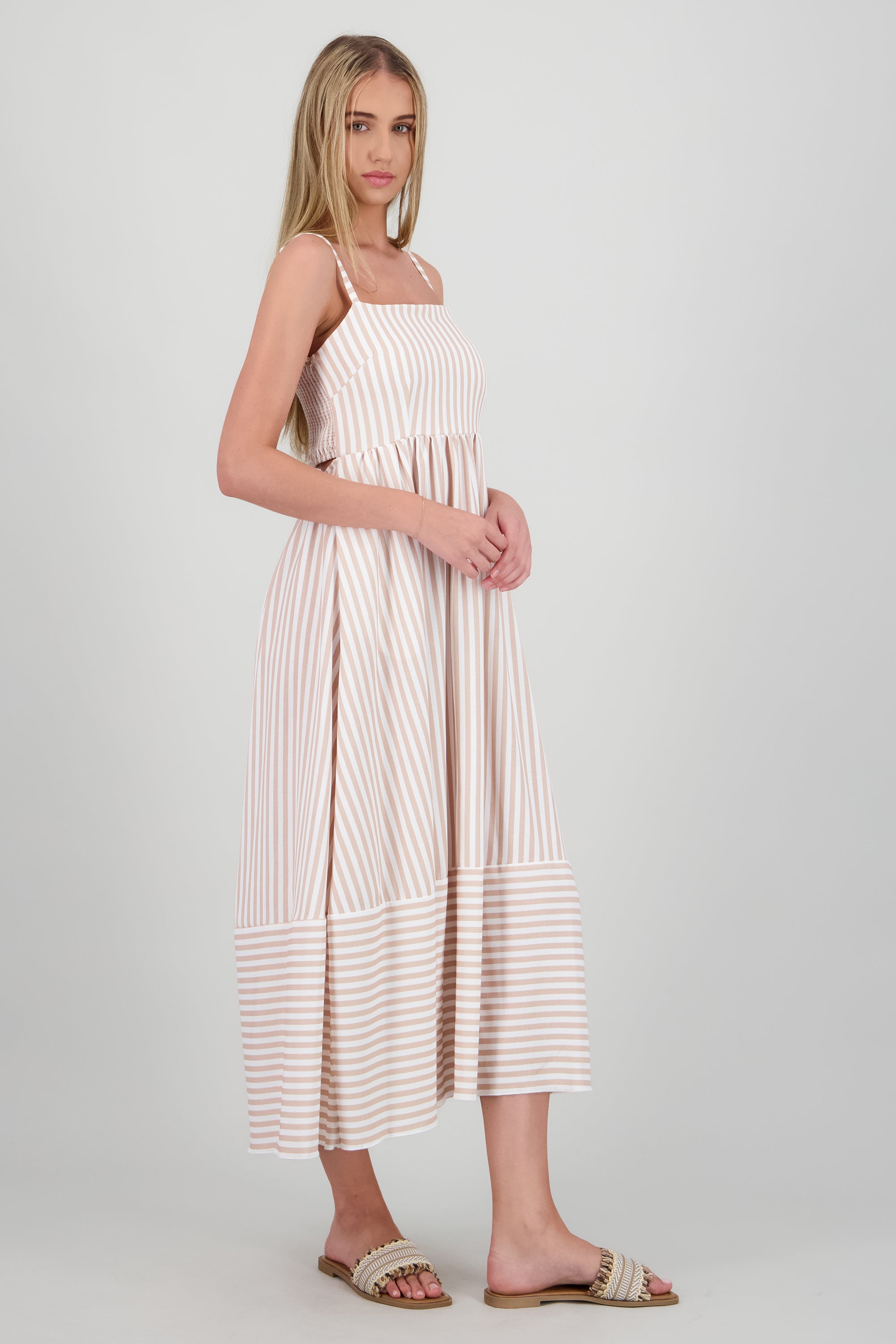 Vestido midi tirantes rayas KHAKI COMBO