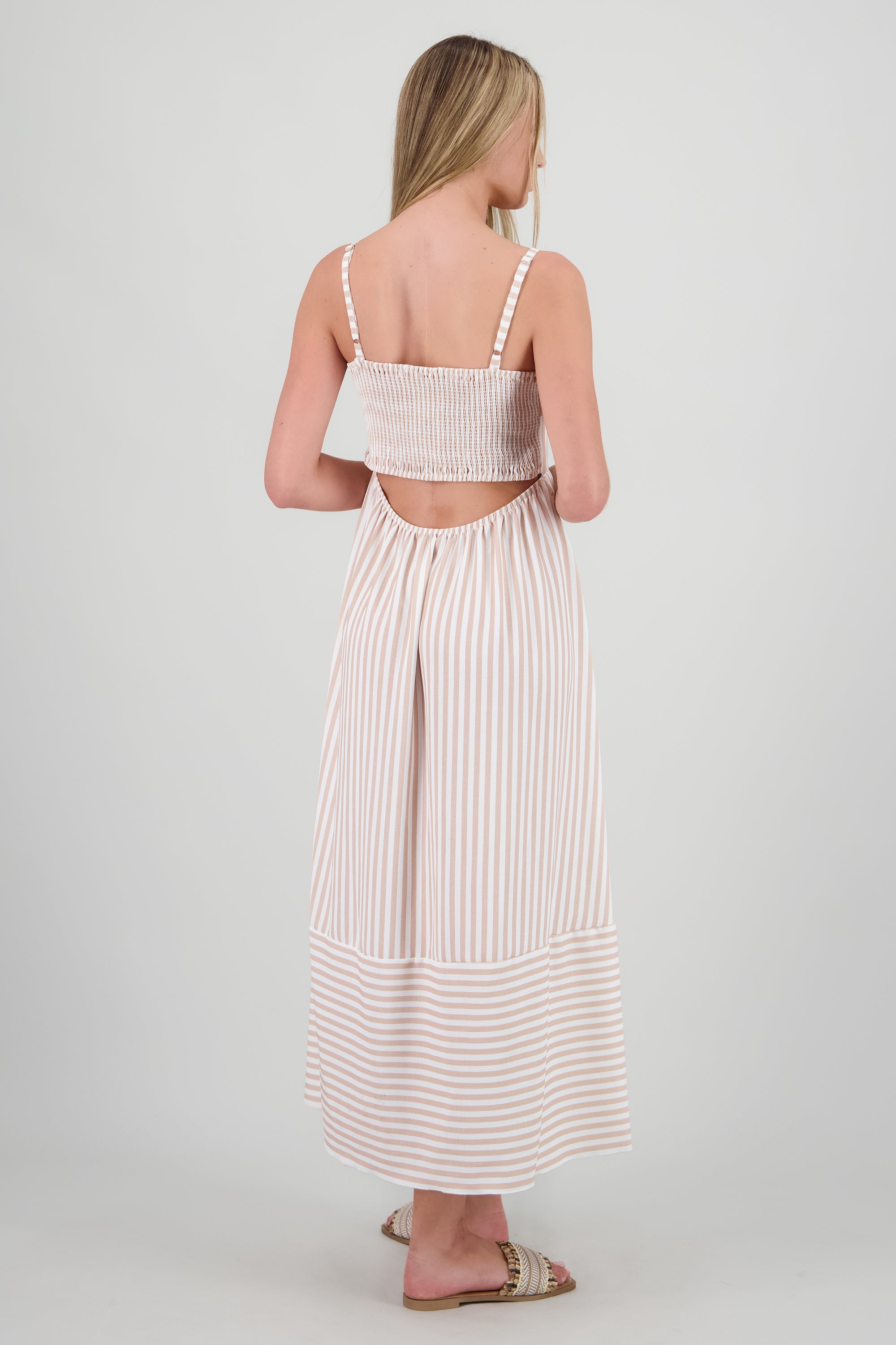 Vestido midi tirantes rayas KHAKI COMBO