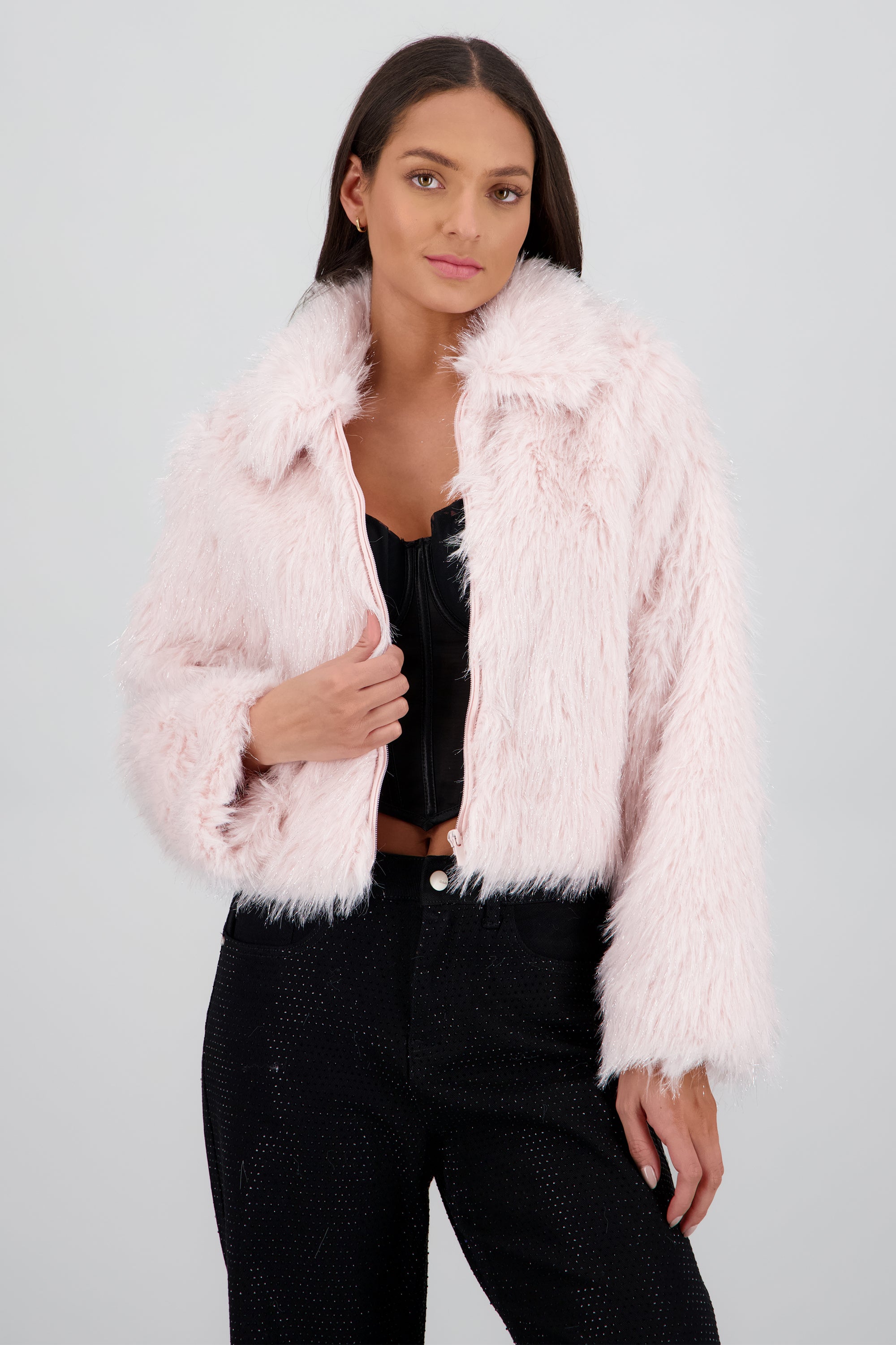 Abrigo corto pelo con lurex ROSA