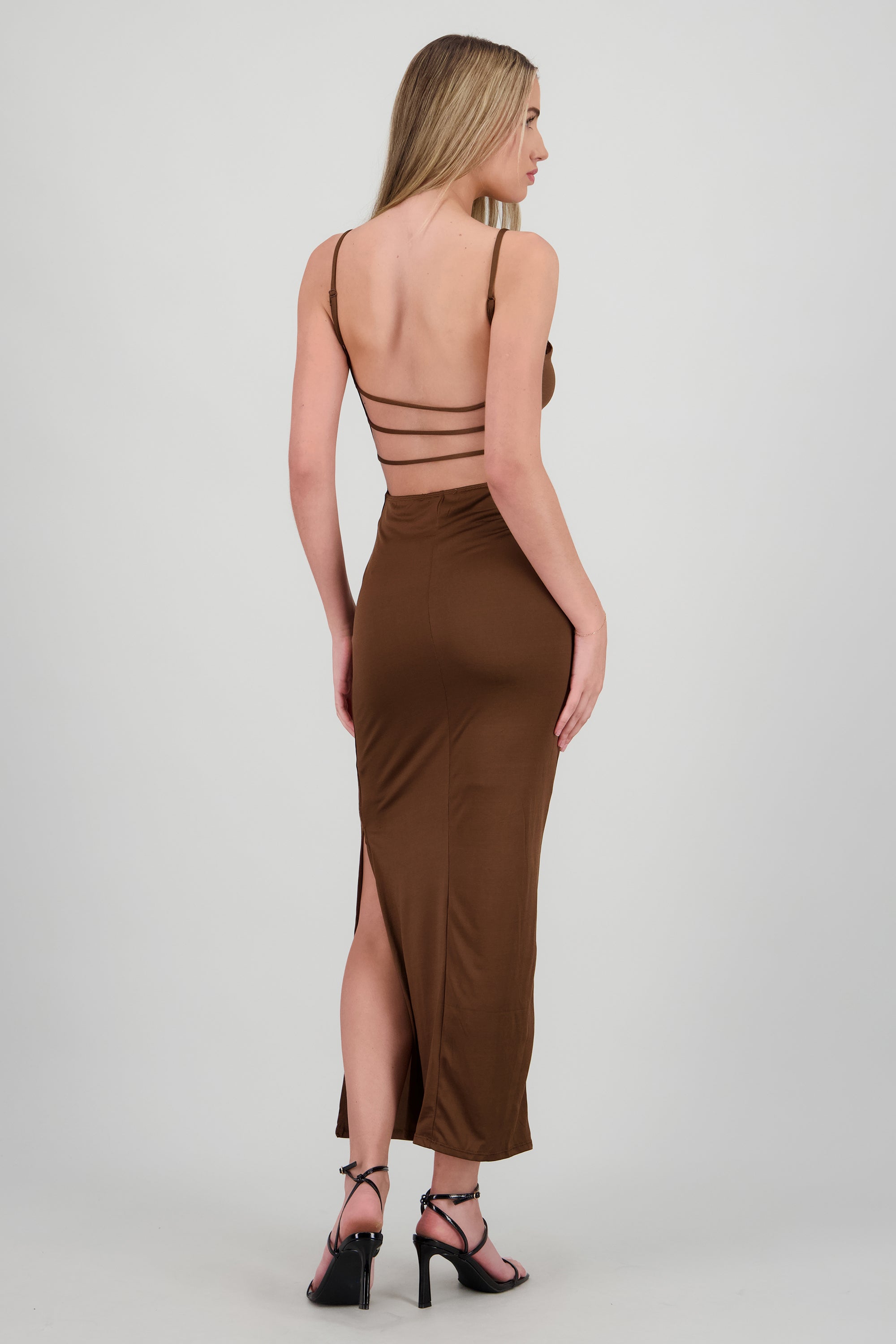 Vestido largo espalda descubierta liso CAFE