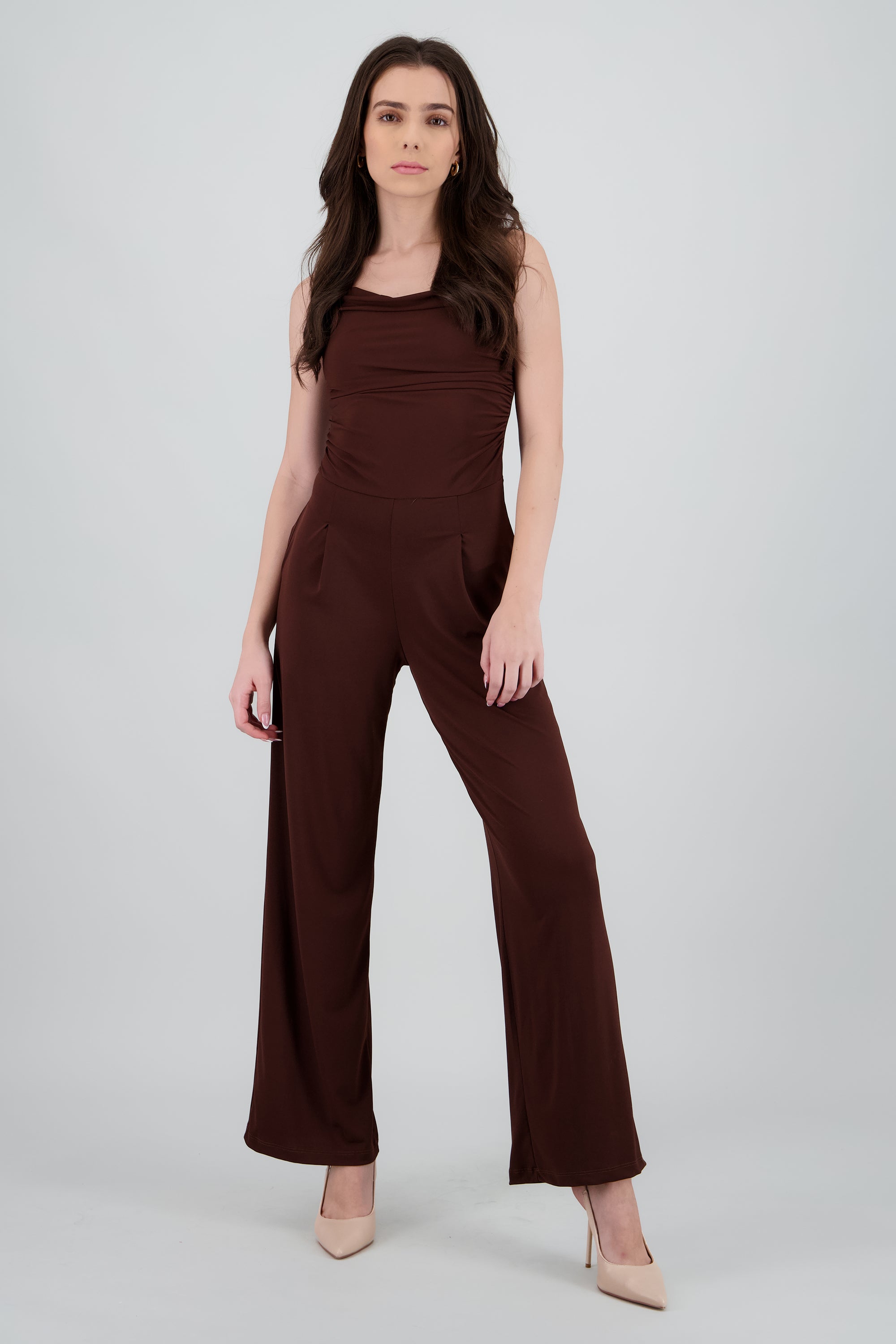 Jumpsuit tirantes drapeado liso CHOCOLATE