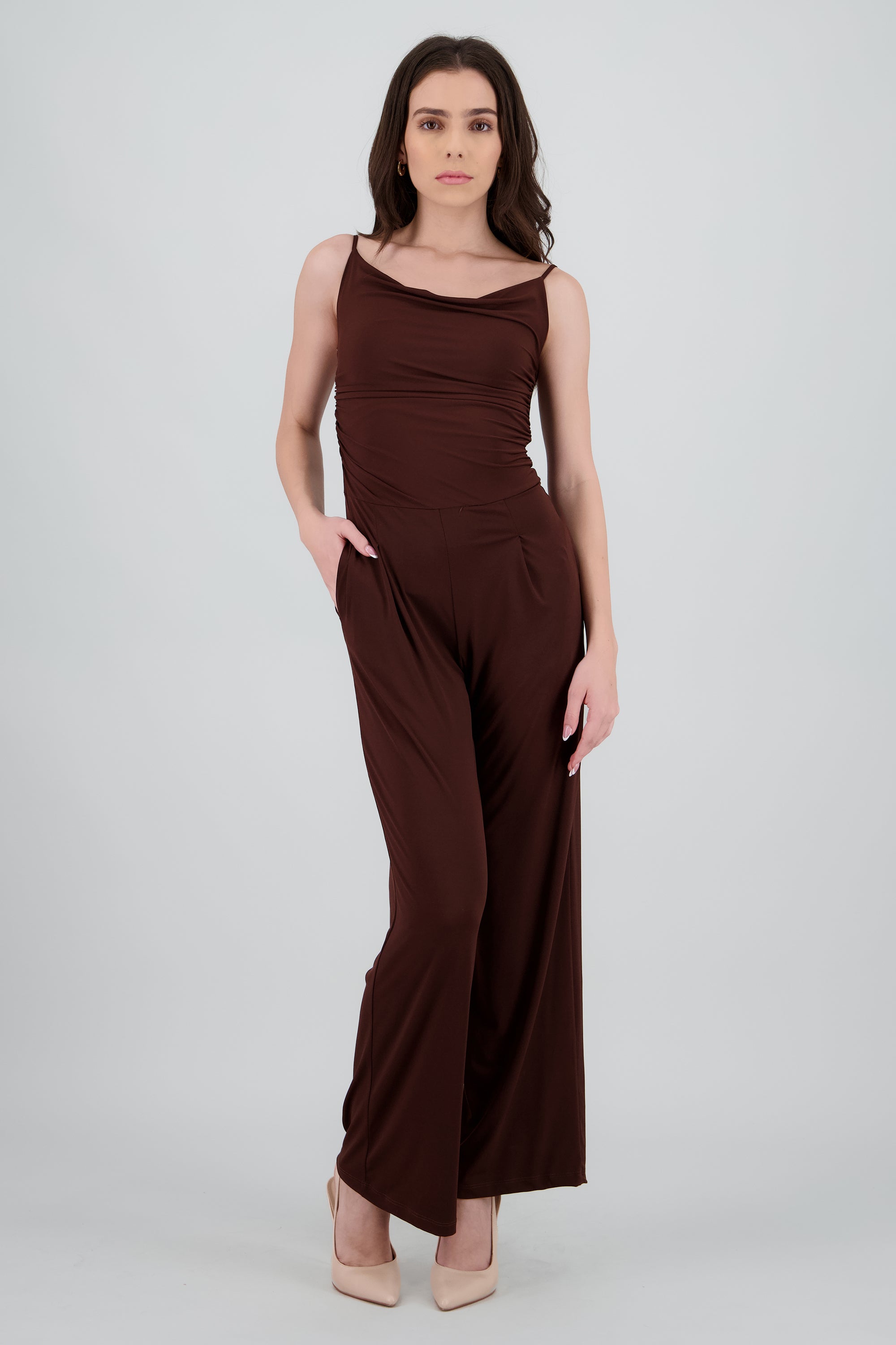 Jumpsuit tirantes drapeado liso CHOCOLATE