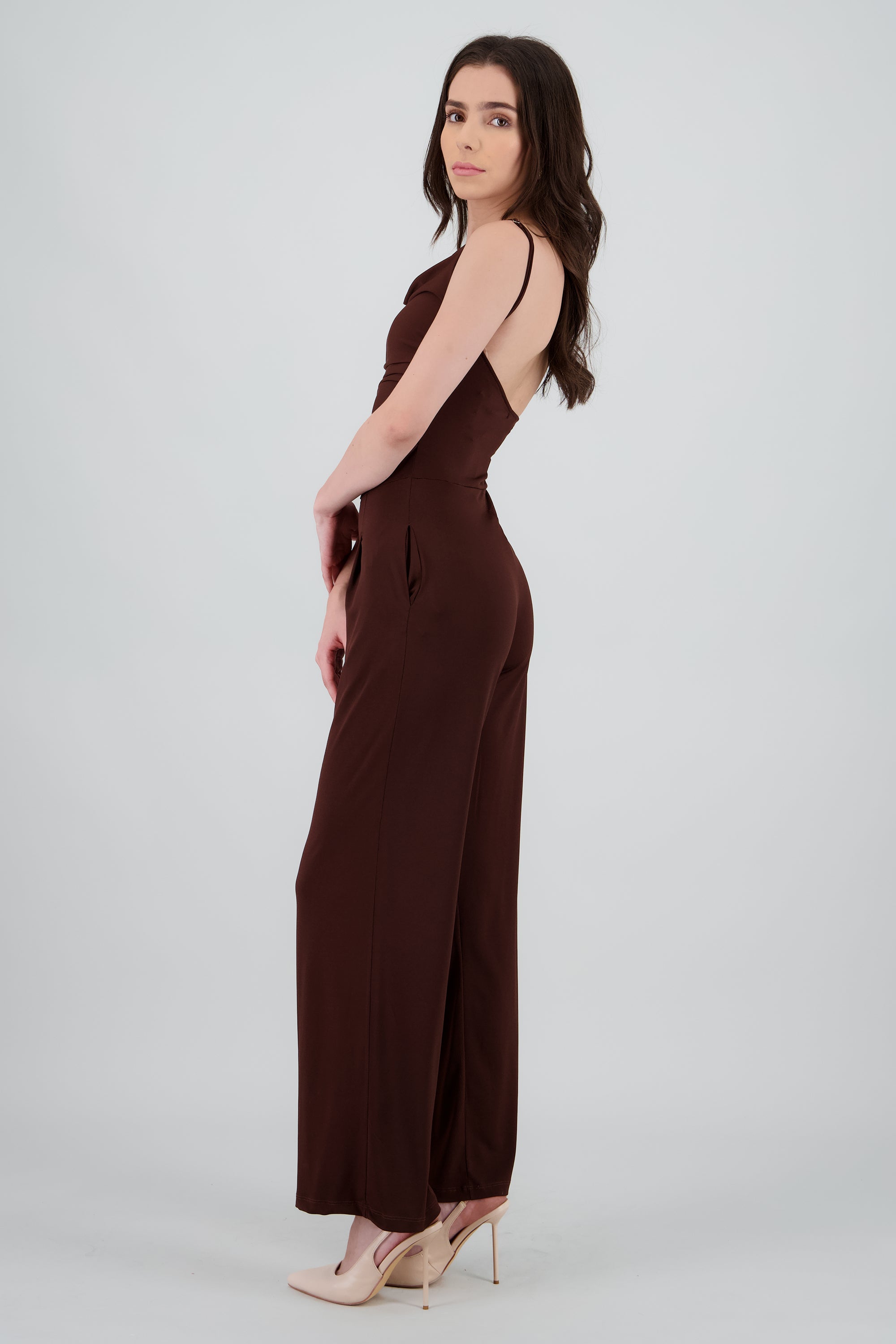 Jumpsuit tirantes drapeado liso CHOCOLATE