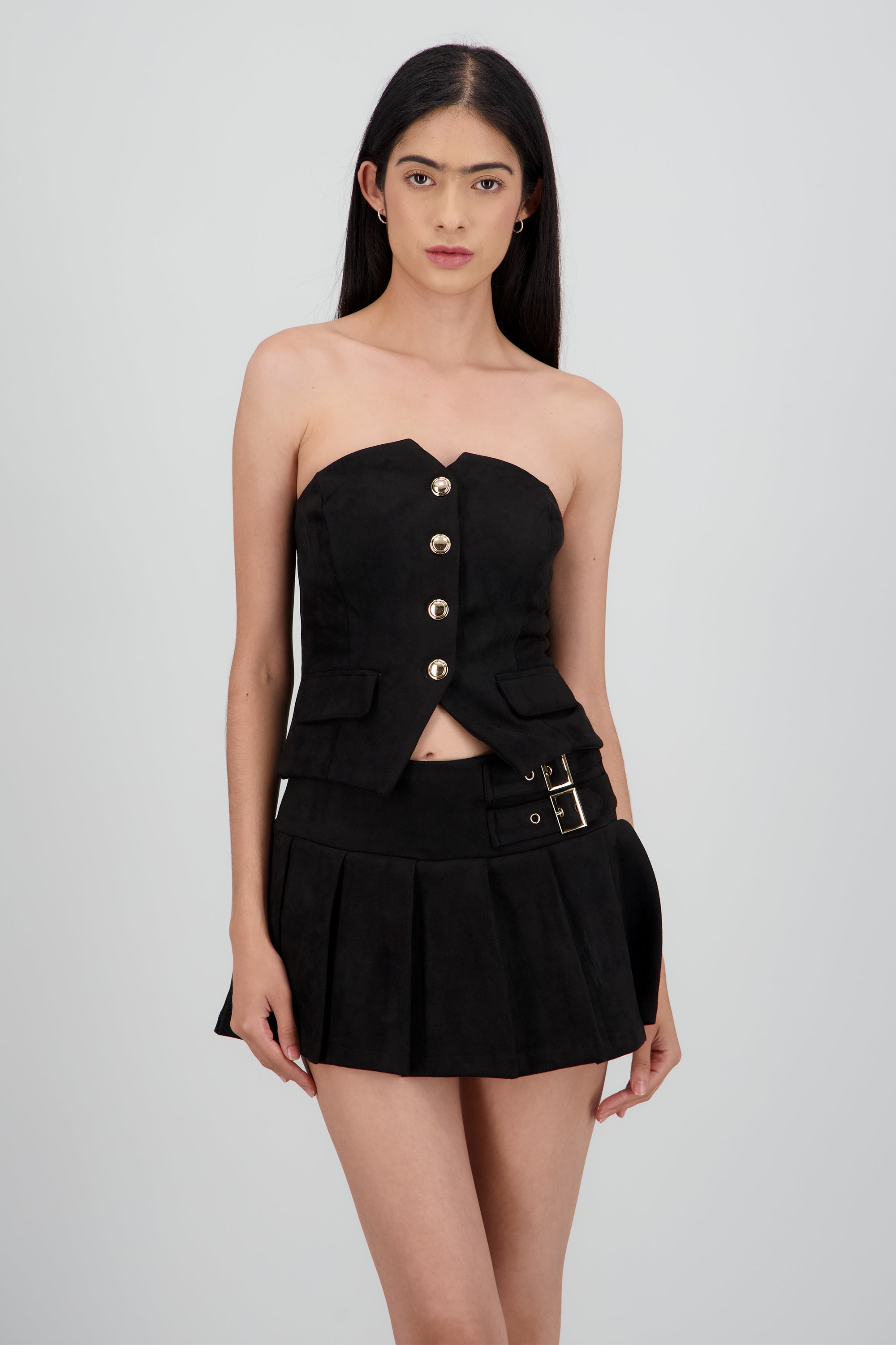 Top strapless con botones suede NEGRO