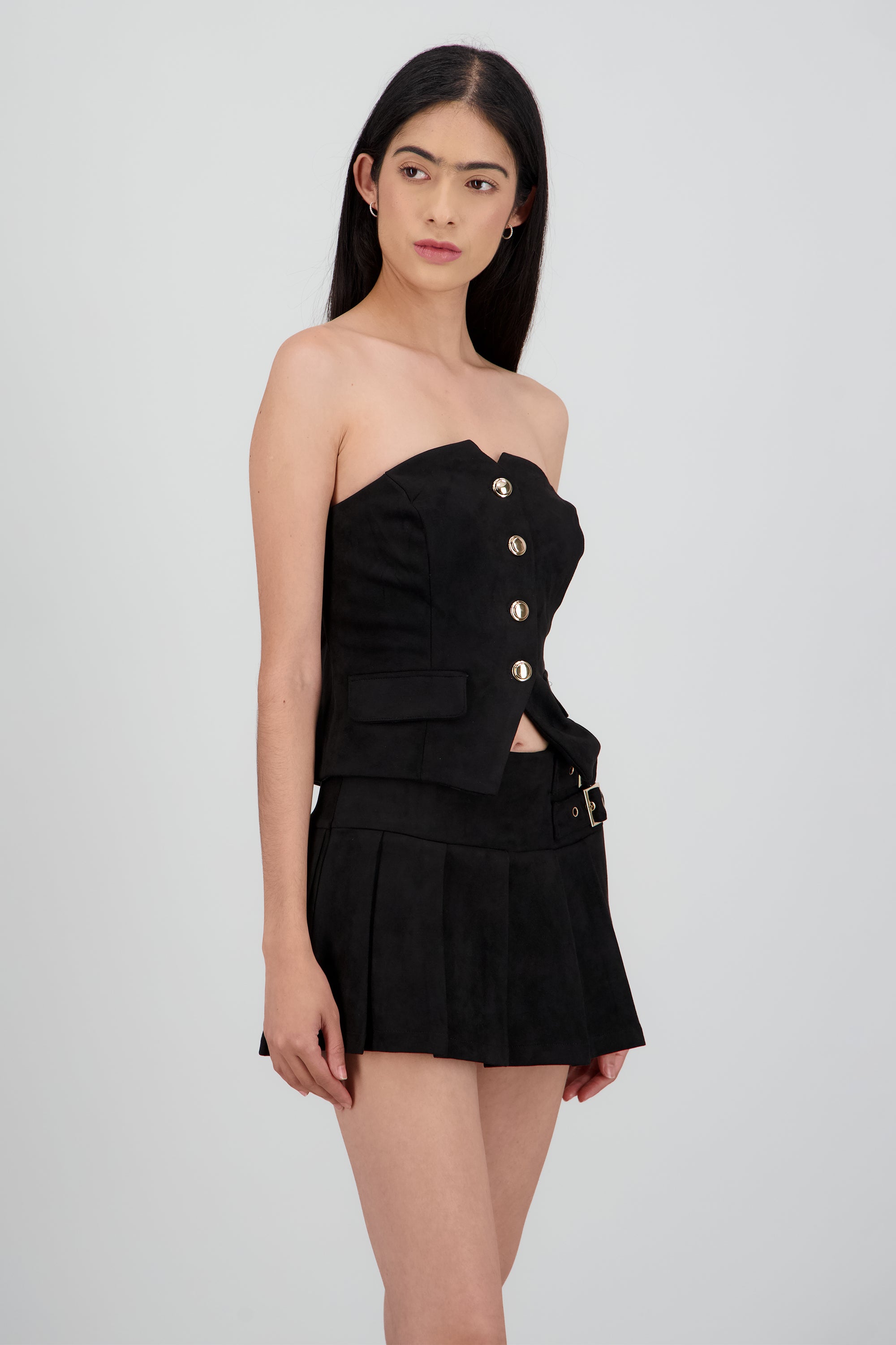 Top strapless con botones suede NEGRO