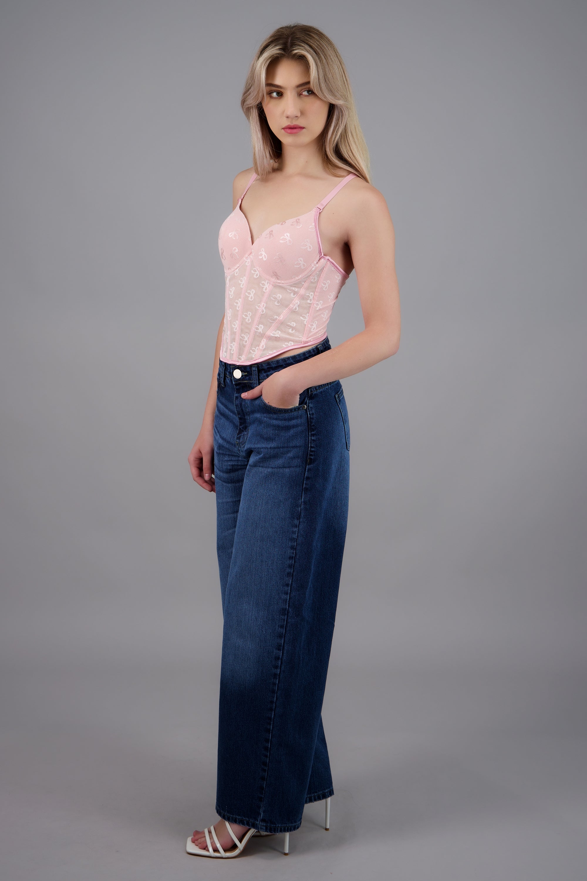 Corset de mesh con detalle de moños ROSA PASTEL