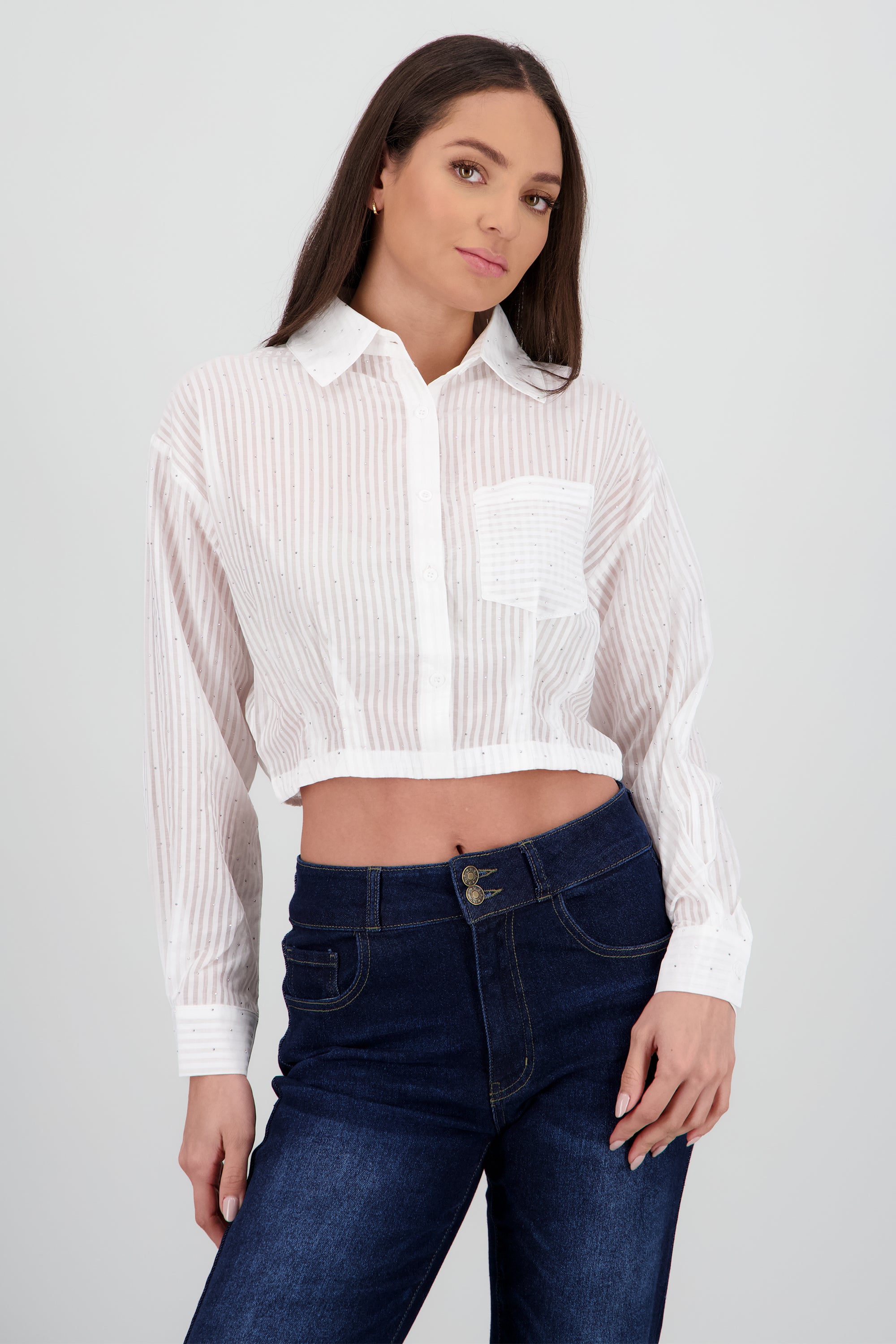 Camisa de rayas detalle brillos BLANCO