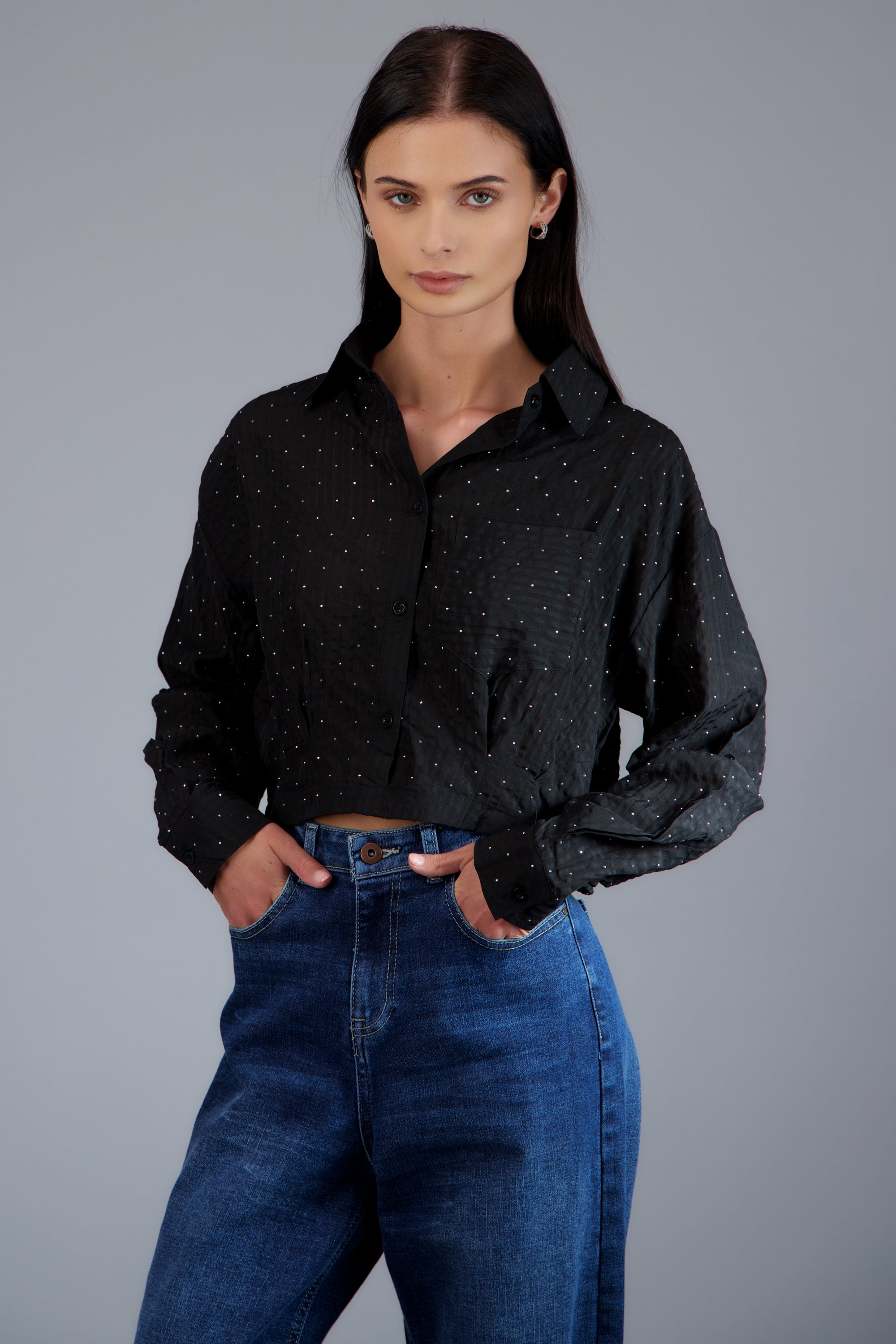 Camisa de rayas detalle brillos NEGRO