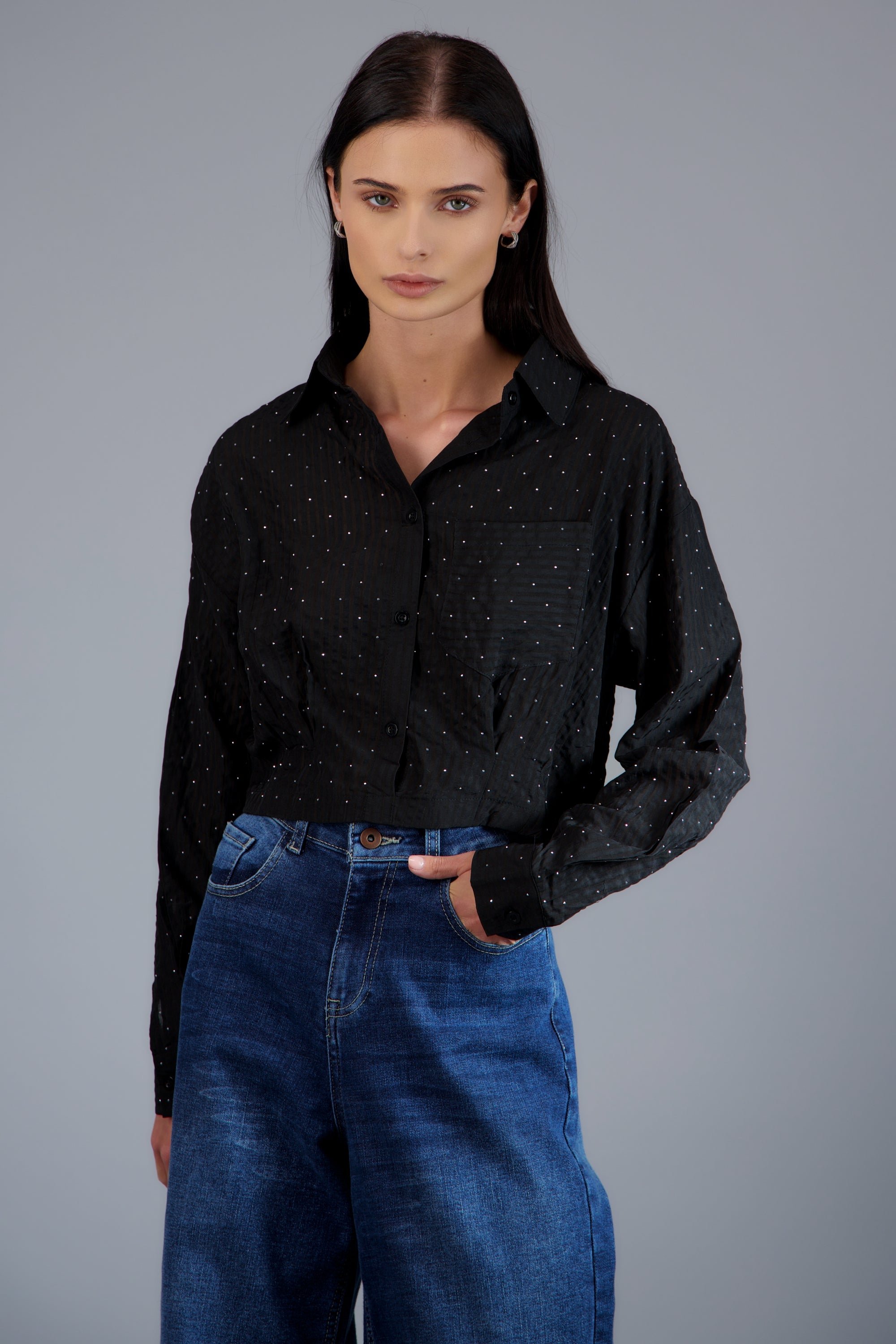 Camisa de rayas detalle brillos NEGRO