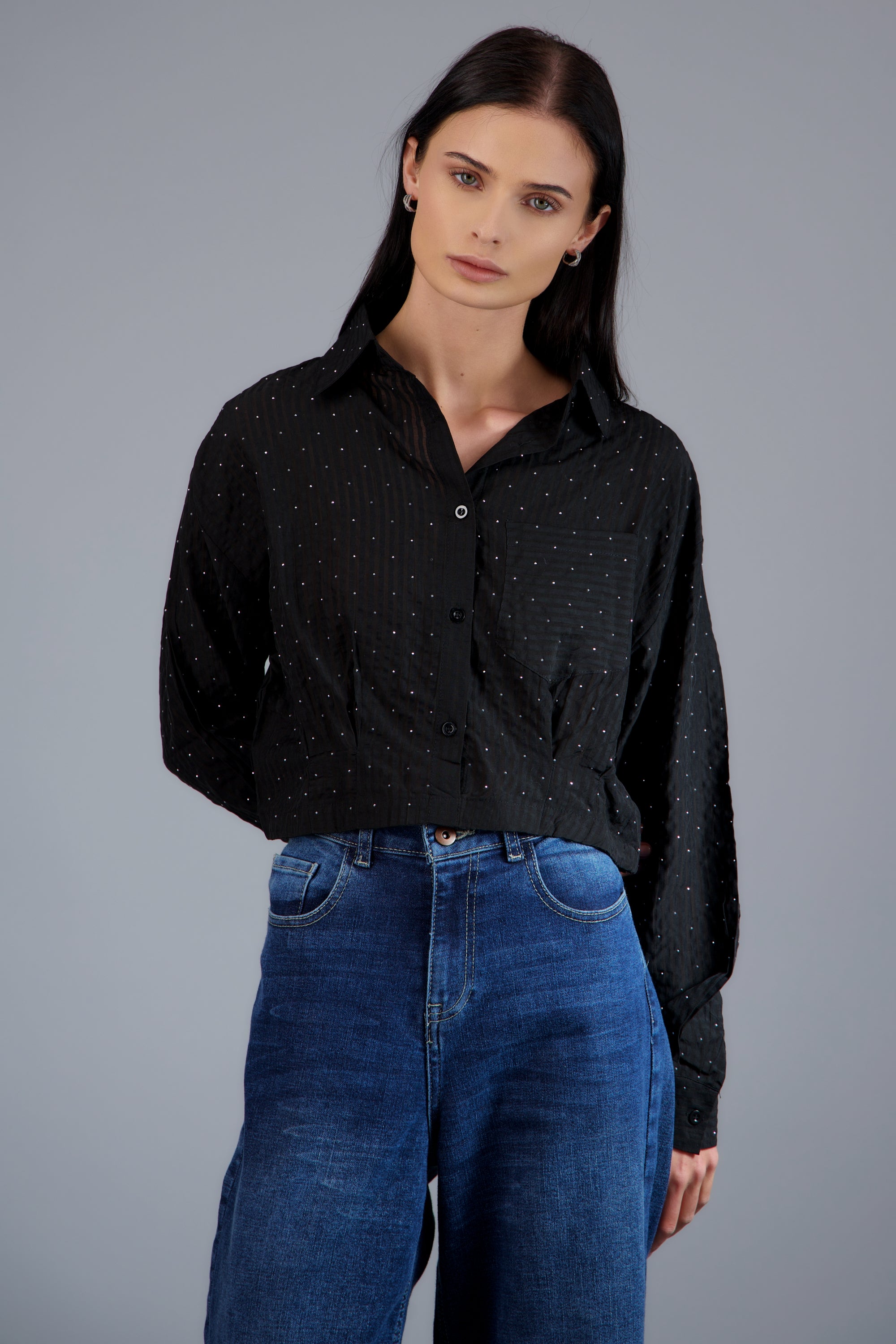 Camisa de rayas detalle brillos NEGRO