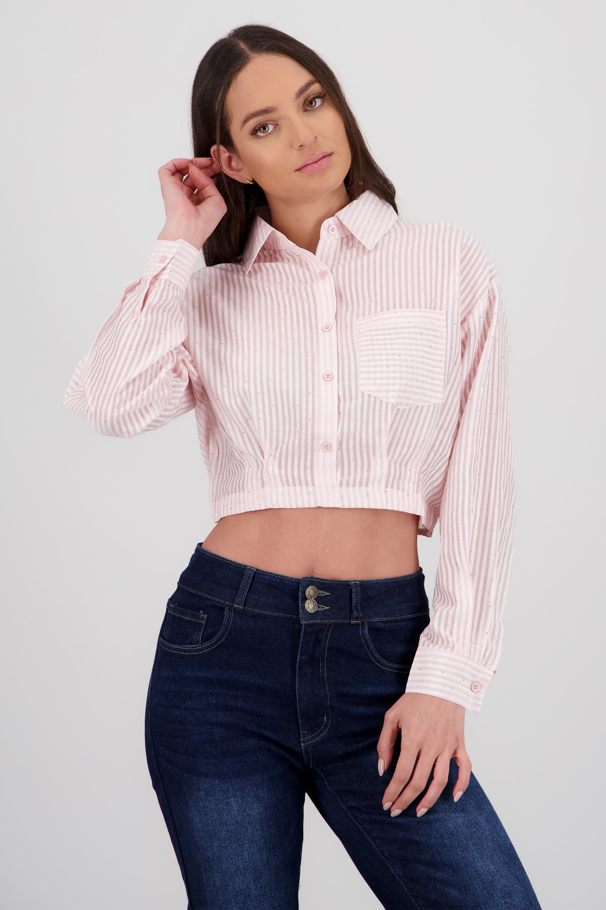 Camisa de rayas detalle brillos ROSA