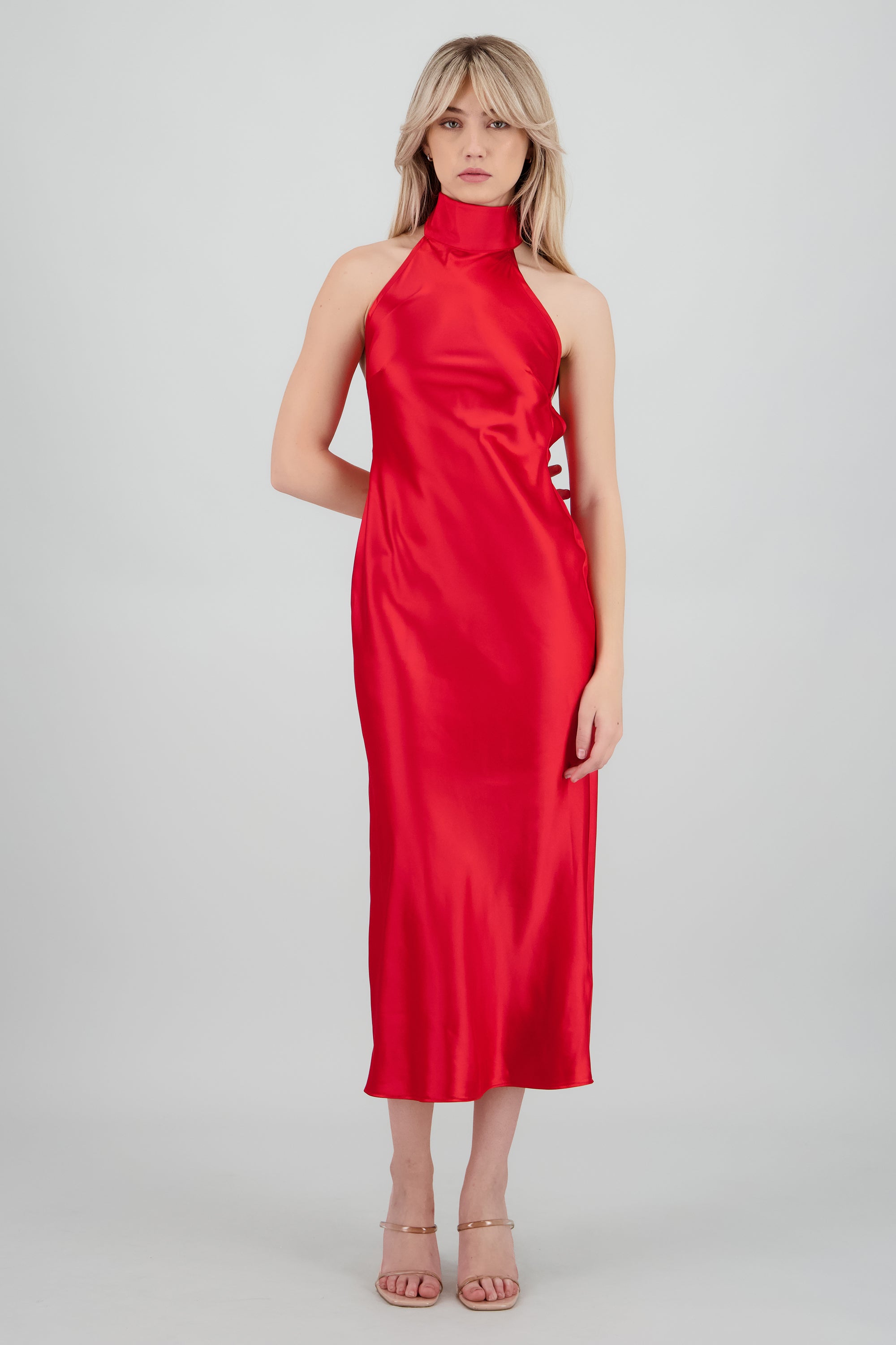 Vestido midi cuello alto con amarre en espalda ROJO