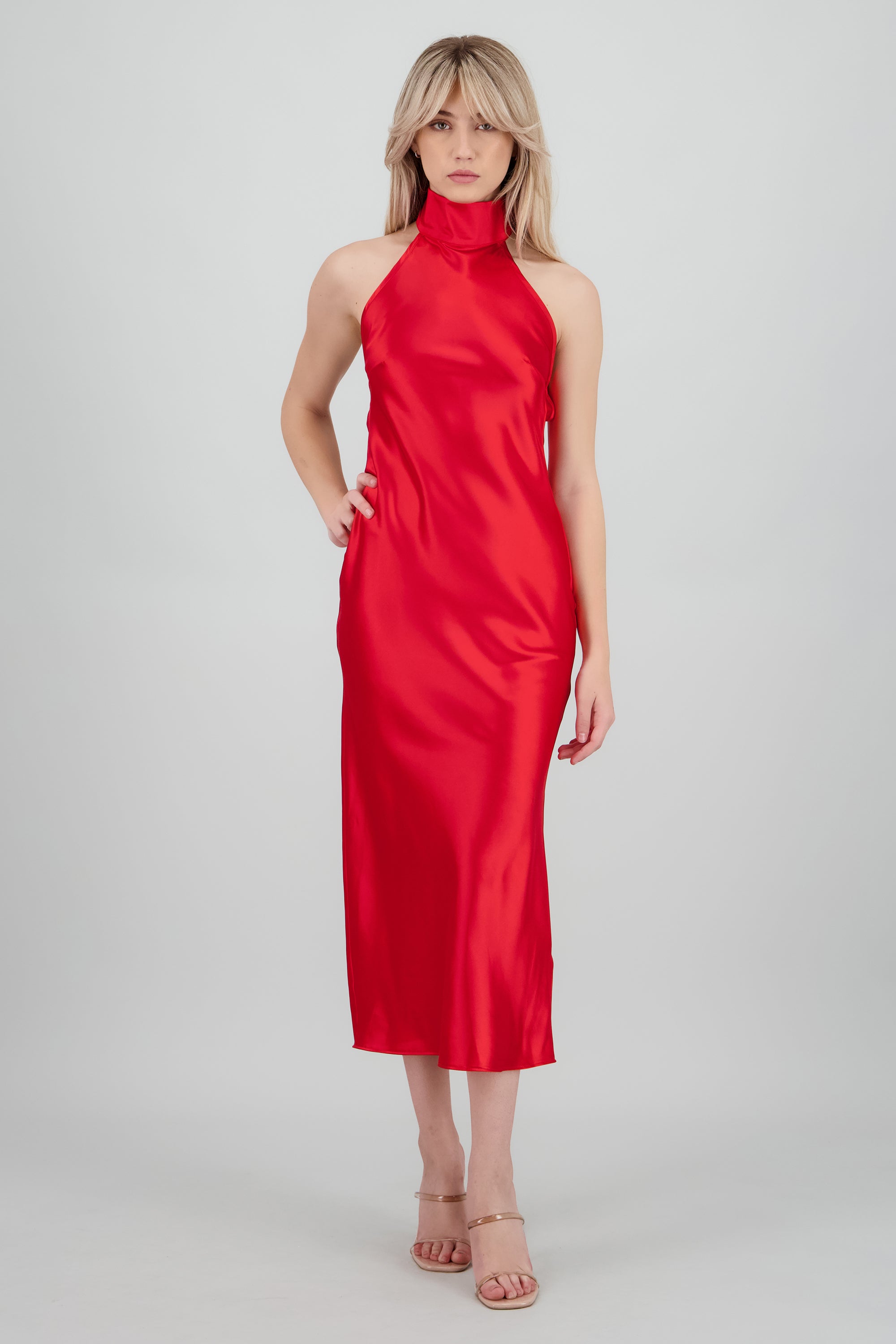 Vestido midi cuello alto con amarre en espalda ROJO