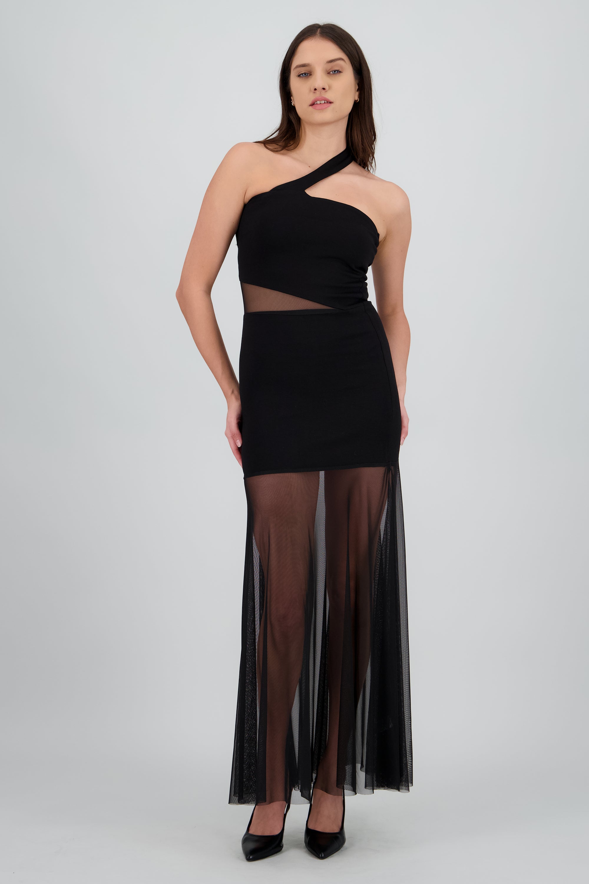 Vestido maxi cutouts mesh con cruce tirante NEGRO