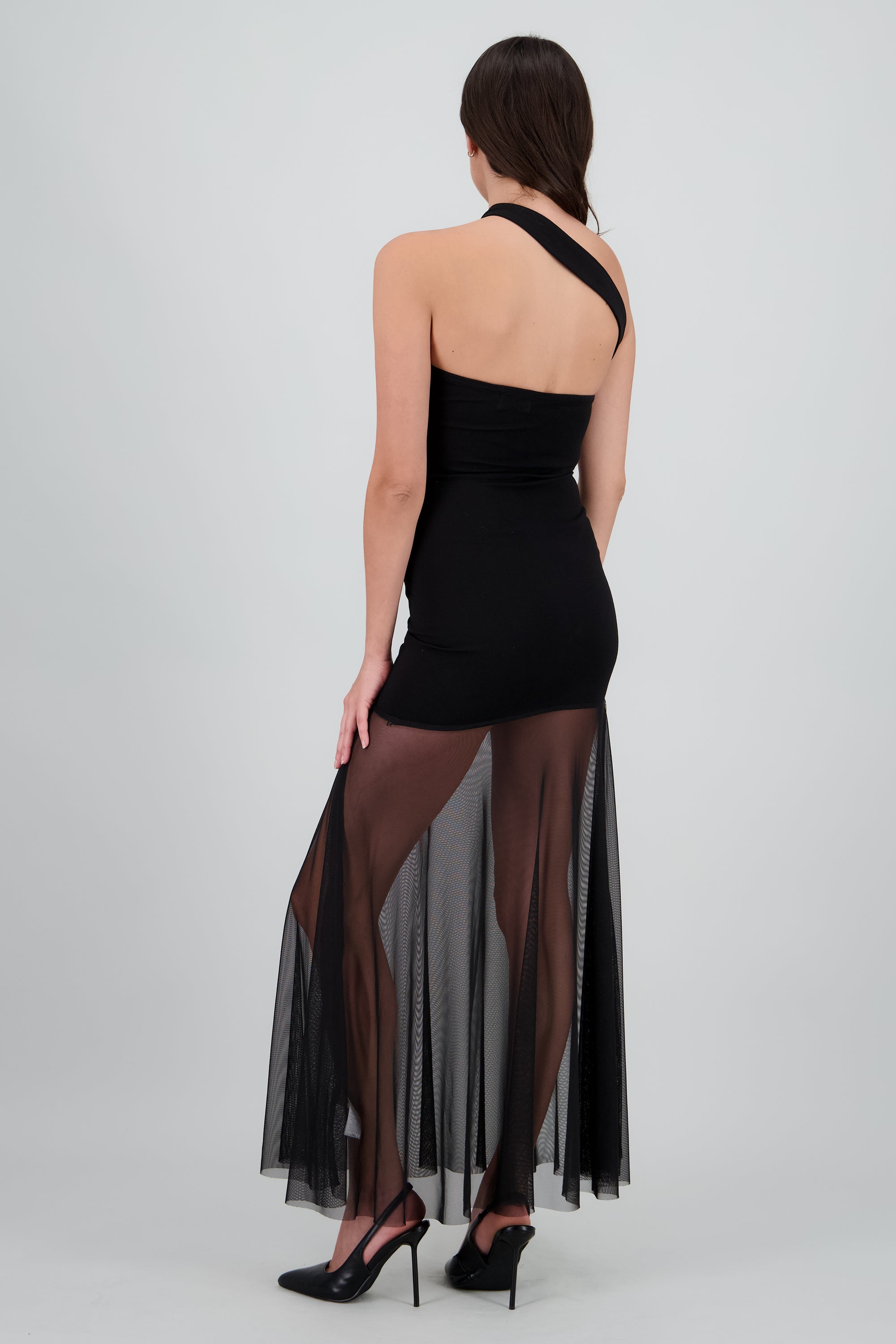 Vestido maxi cutouts mesh con cruce tirante NEGRO