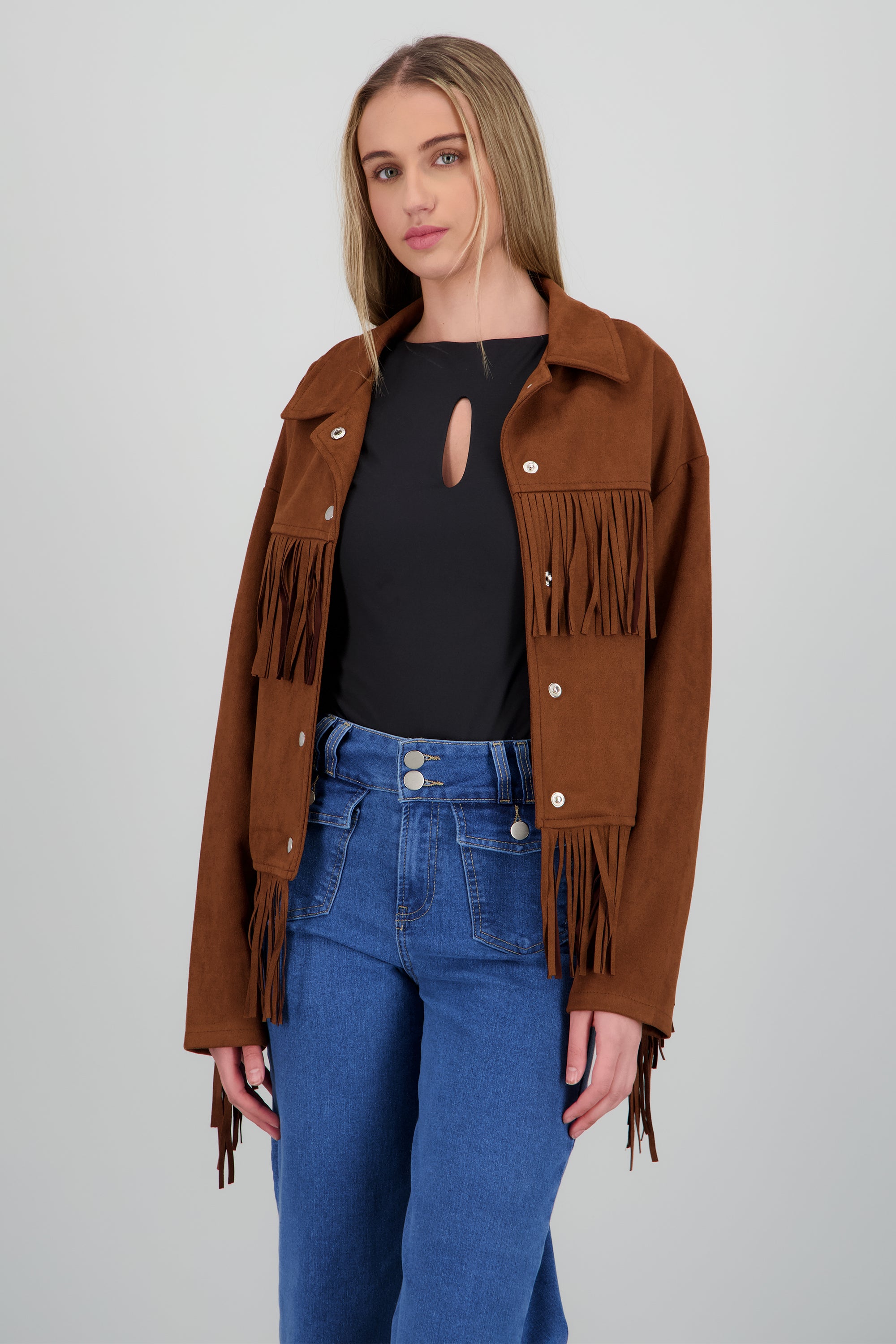 Chamarra flecos con cortes suede CAFE