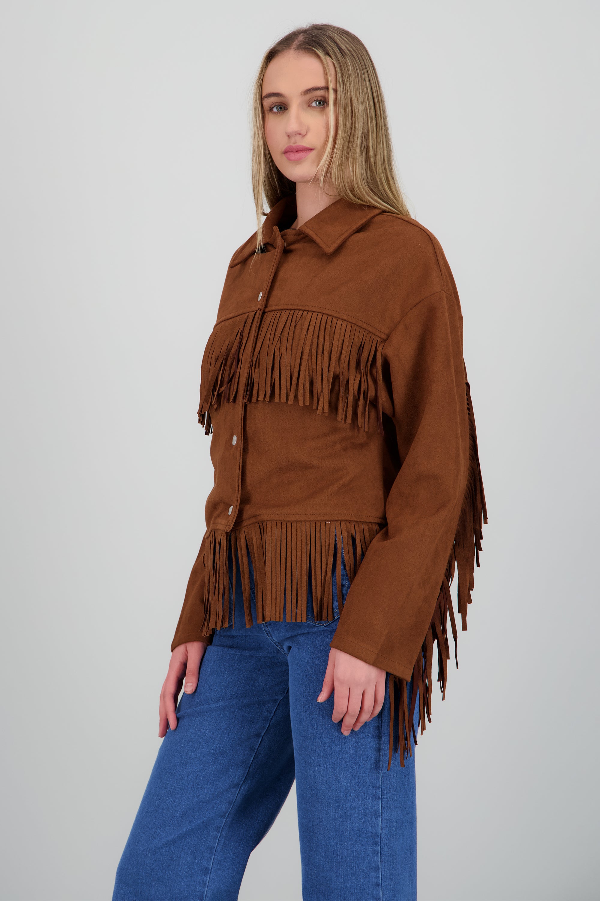 Chamarra flecos con cortes suede CAFE