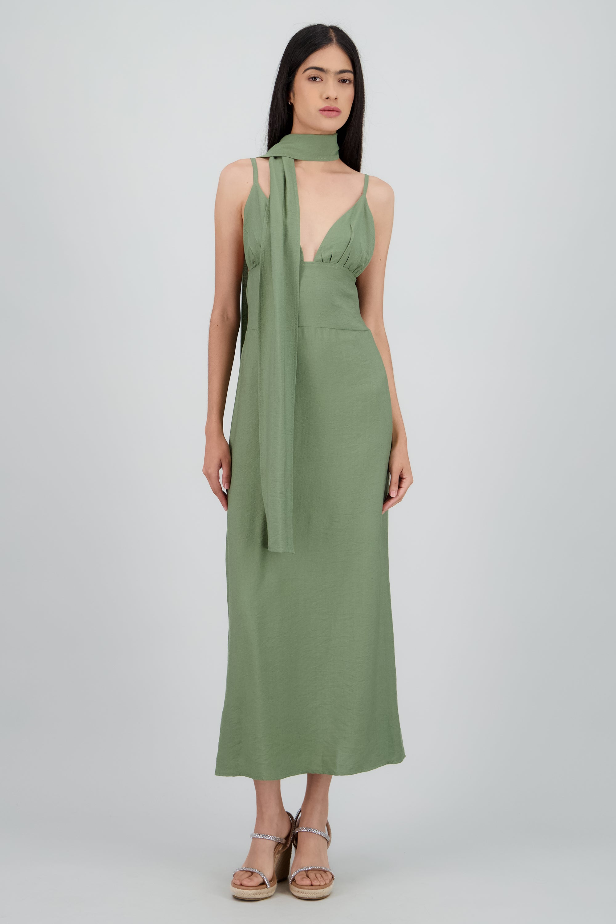 Vestido midi de escote en V con detalle de bufanda OLIVO
