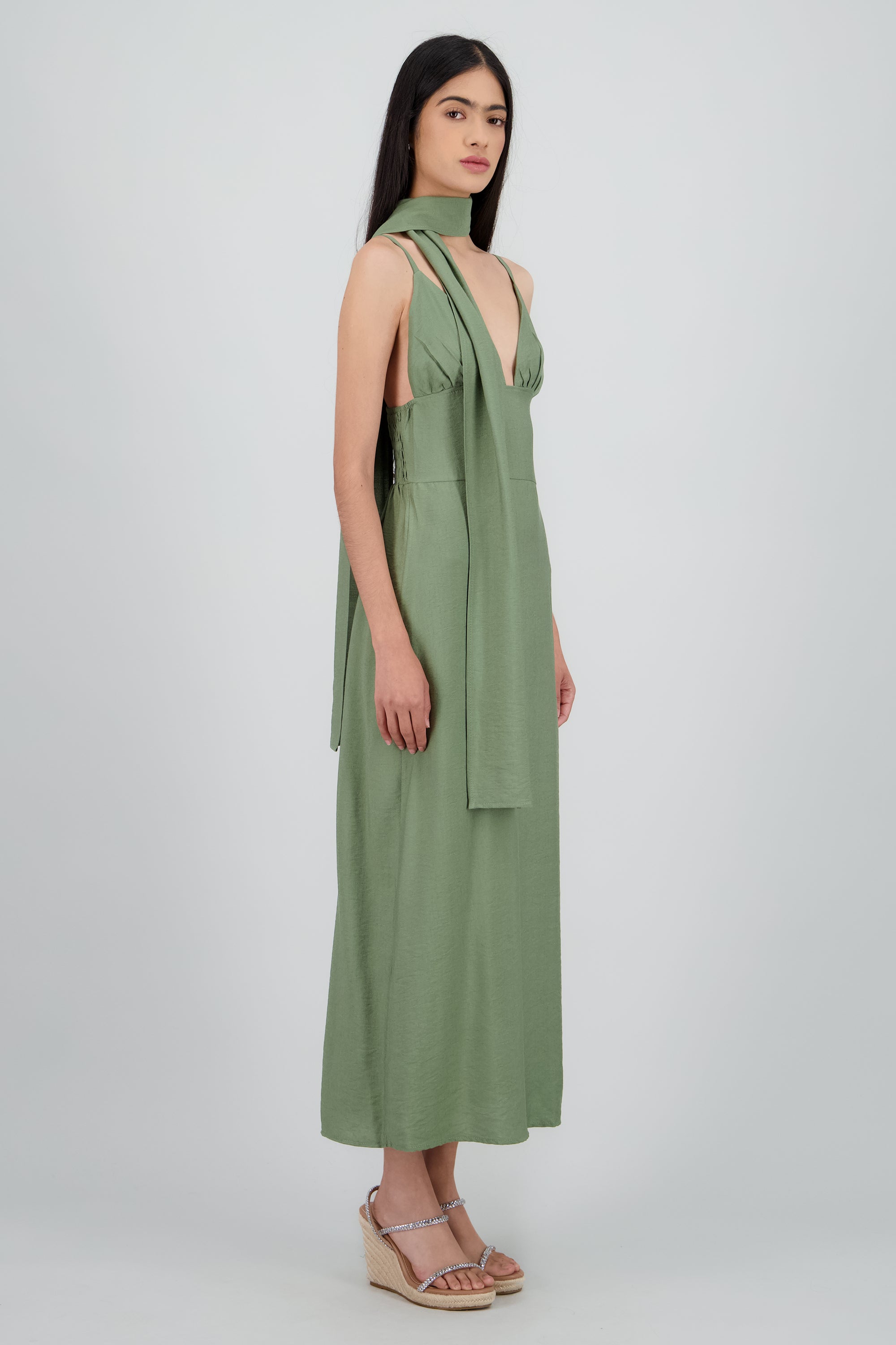 Vestido midi de escote en V con detalle de bufanda OLIVO