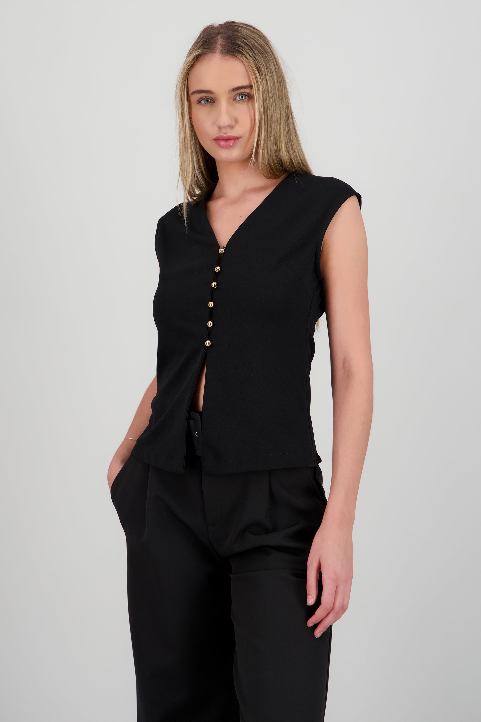 Chaleco largo abertura con botones dorados NEGRO