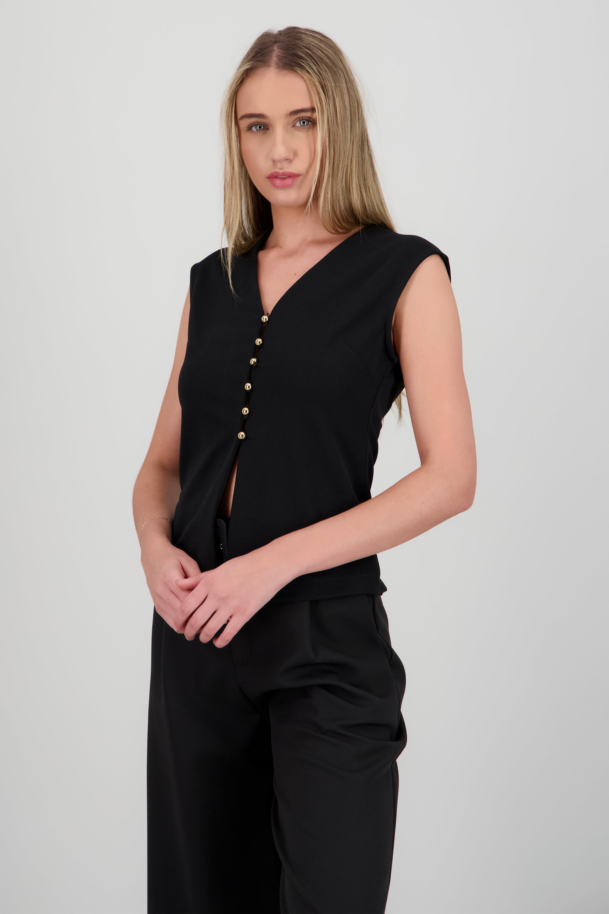 Chaleco largo abertura con botones dorados NEGRO