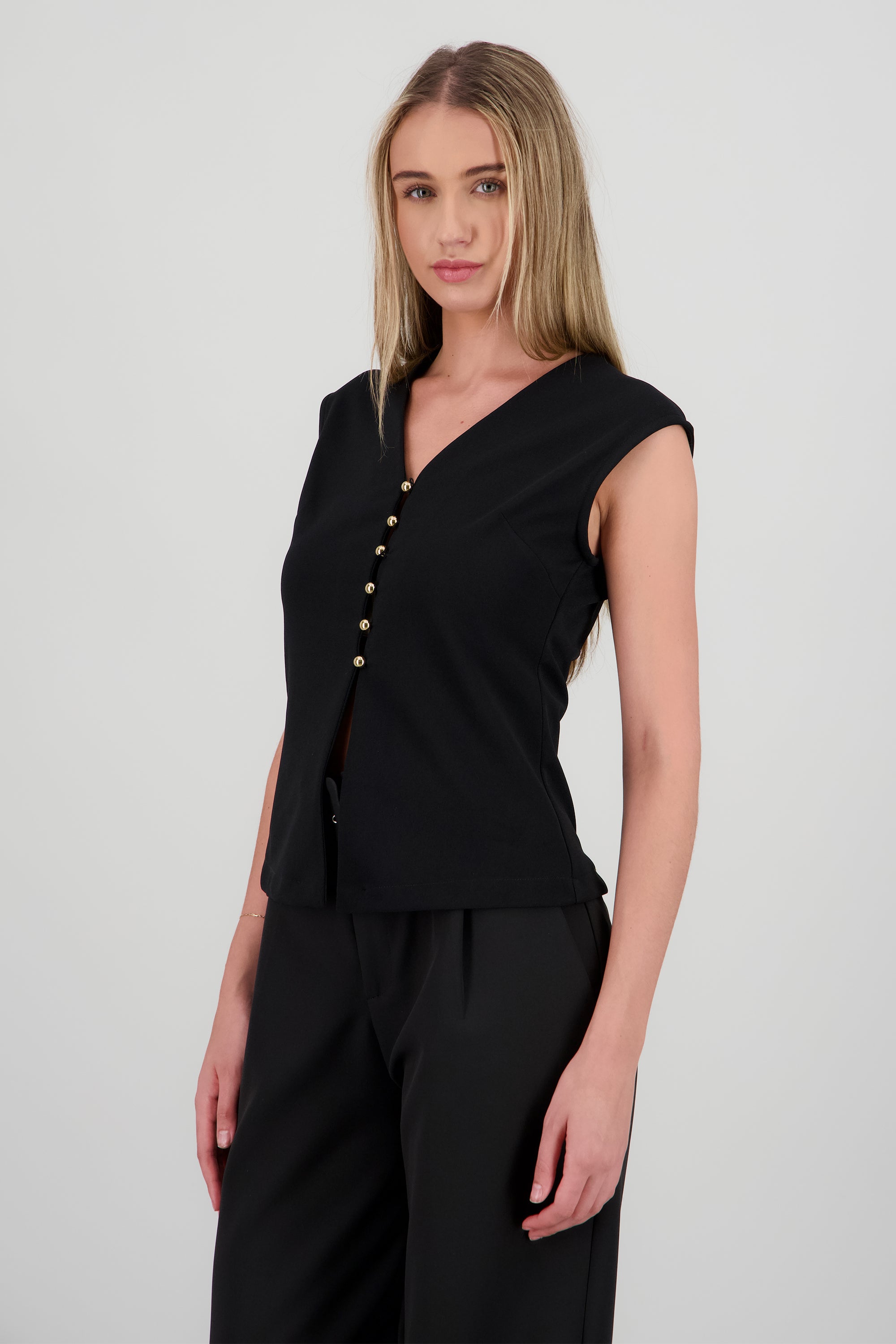Chaleco largo abertura con botones dorados NEGRO