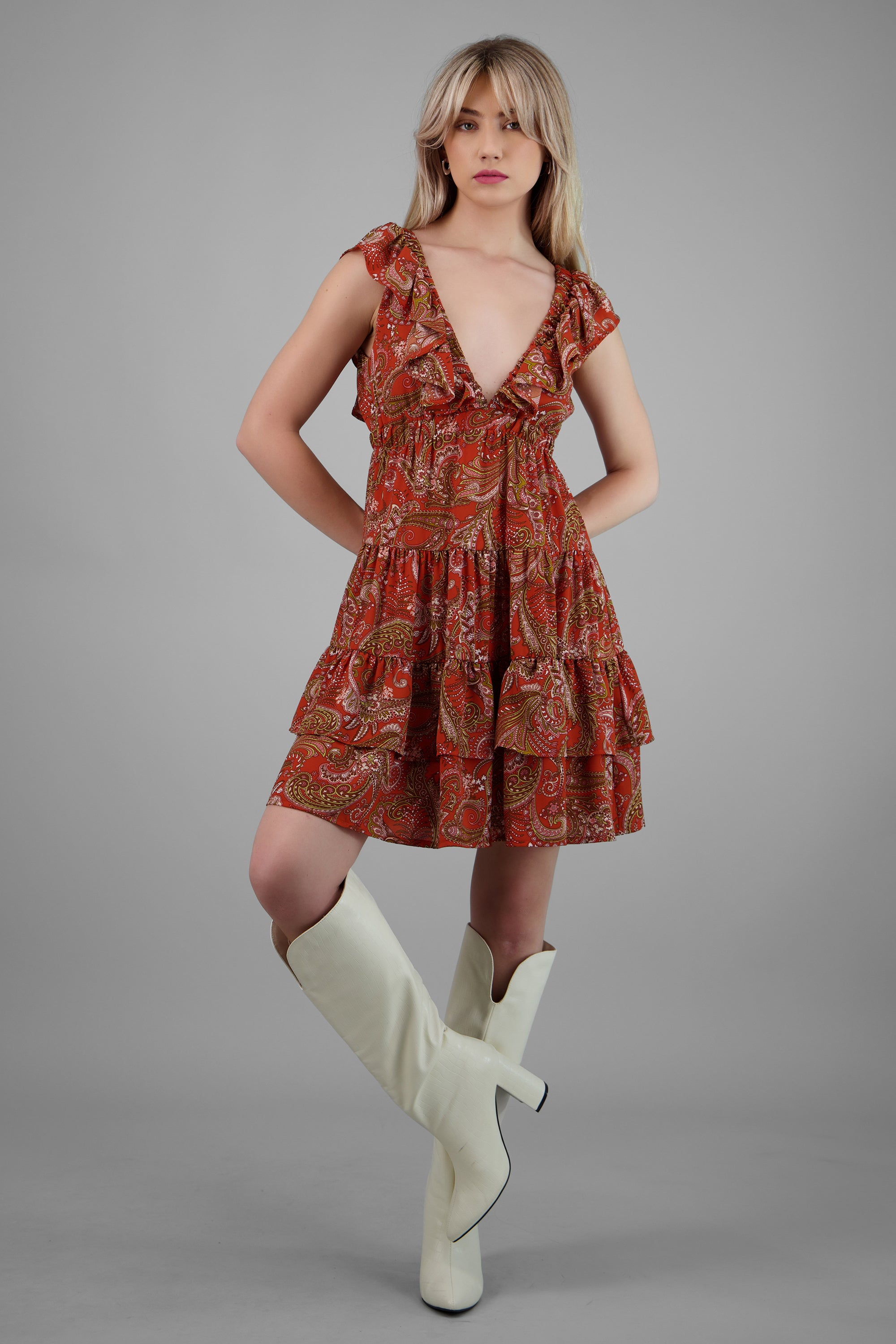 Vestido mini paisley amarre espalda NARANJA COMBO