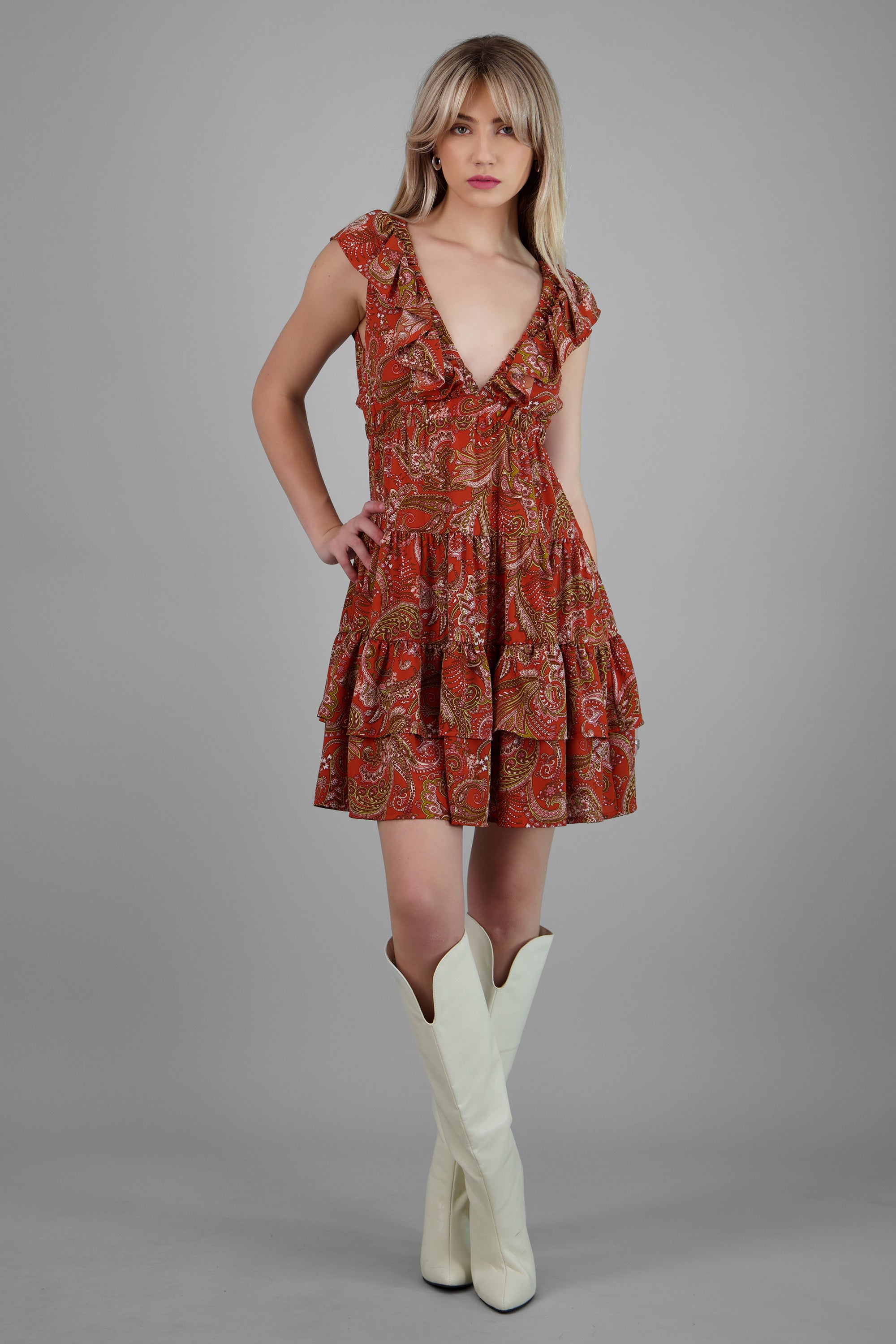 Vestido mini paisley amarre espalda NARANJA COMBO
