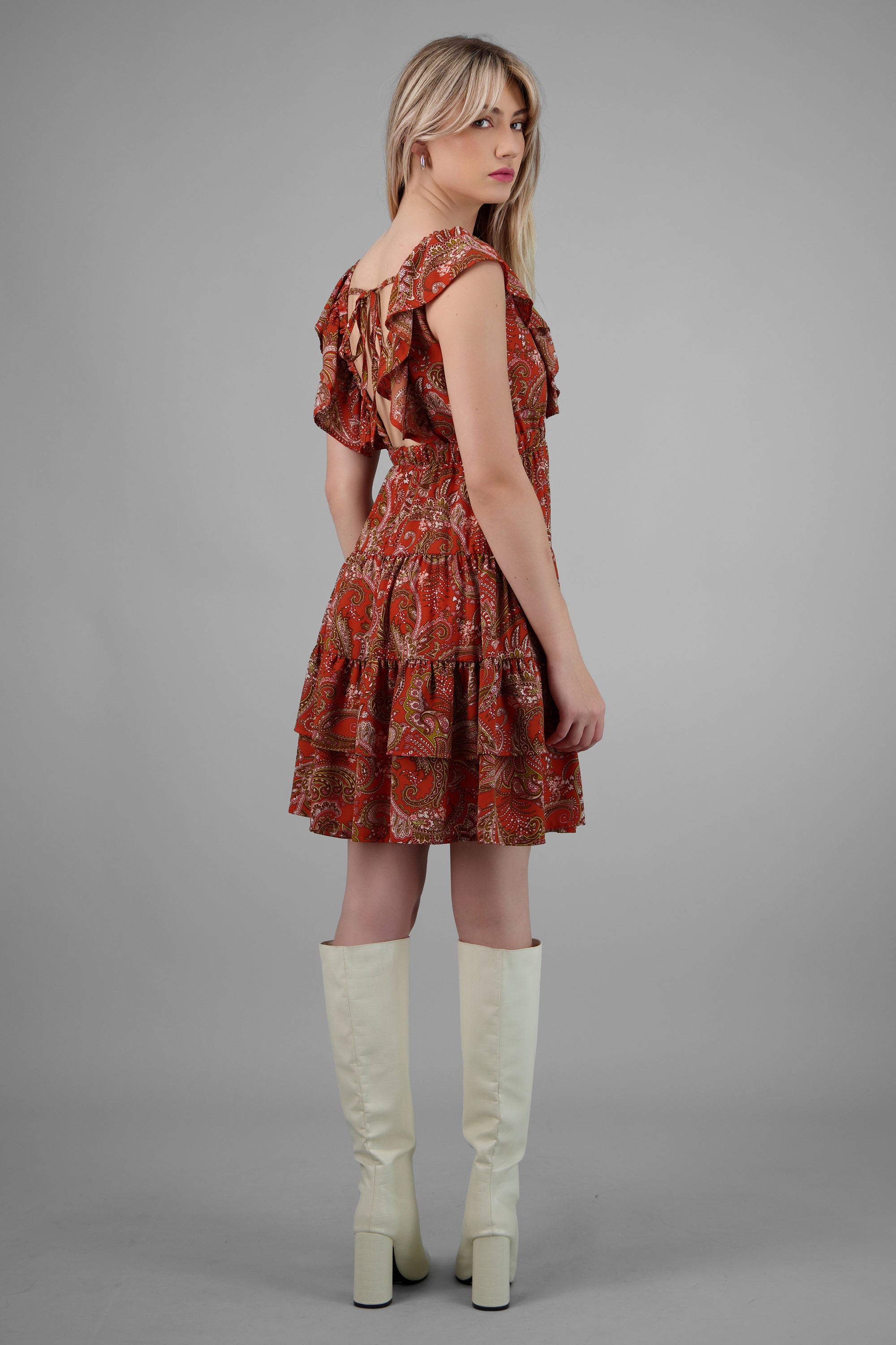 Vestido mini paisley amarre espalda NARANJA COMBO