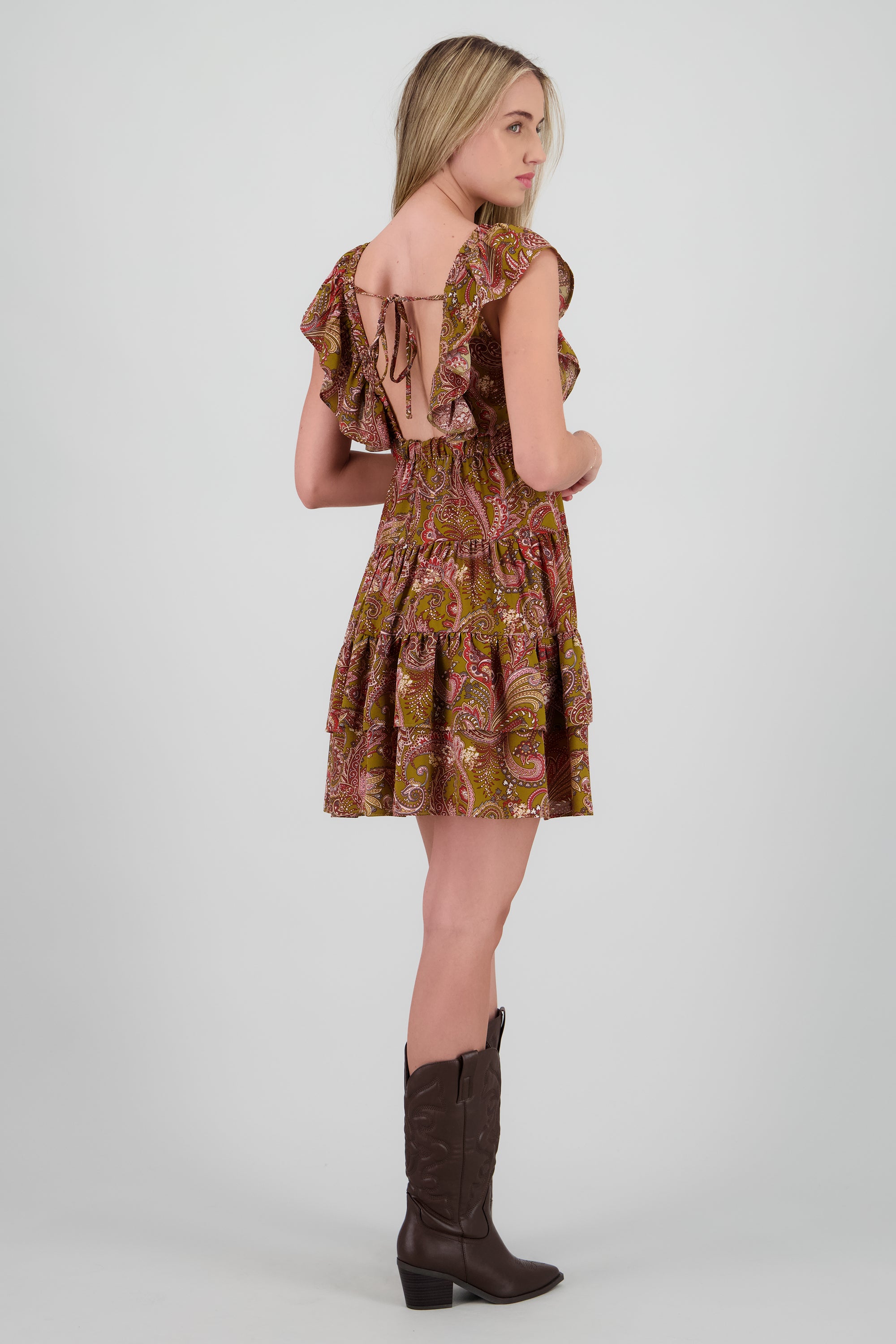 Vestido mini paisley amarre espalda OLIVO COMBO