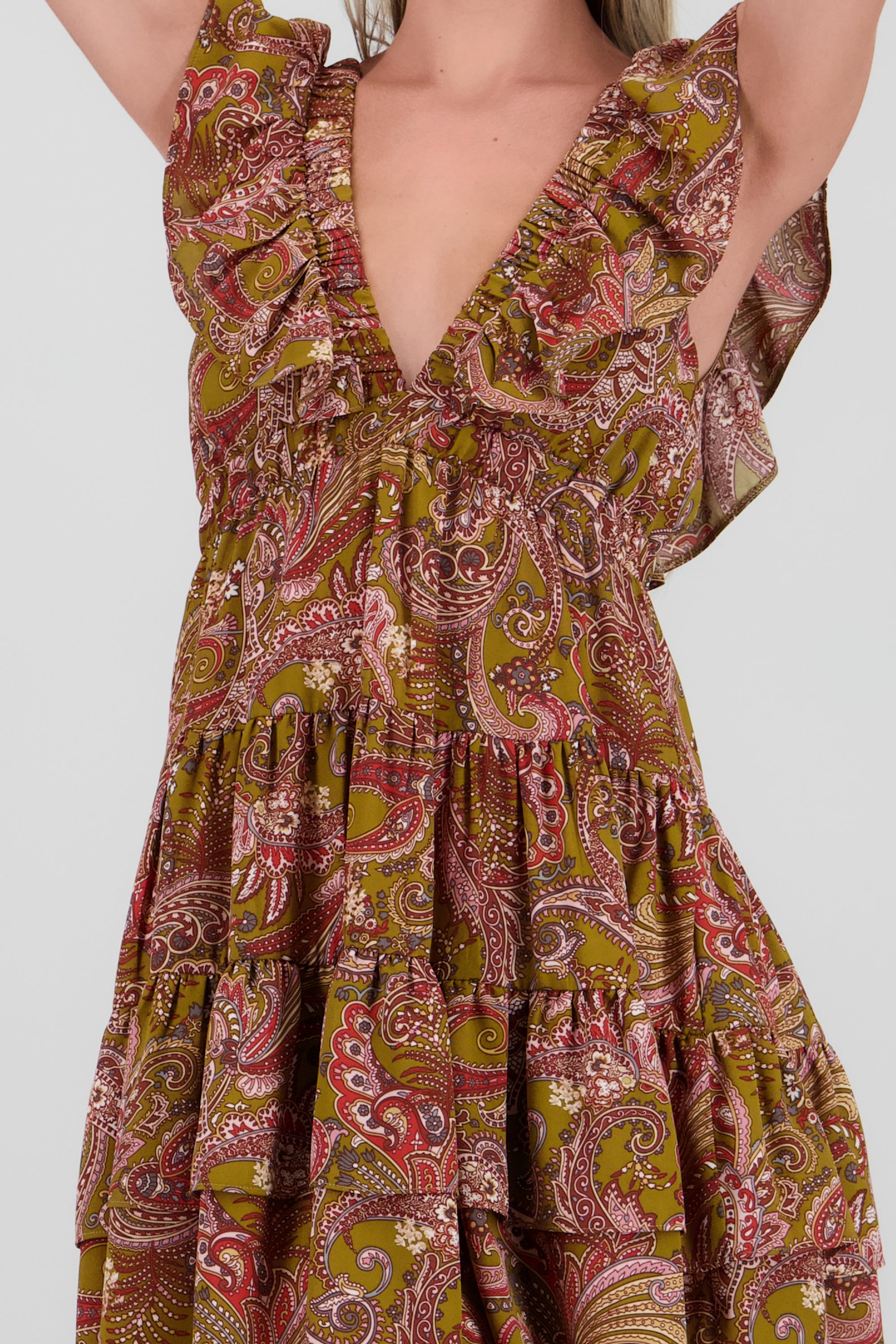 Vestido mini paisley amarre espalda OLIVO COMBO