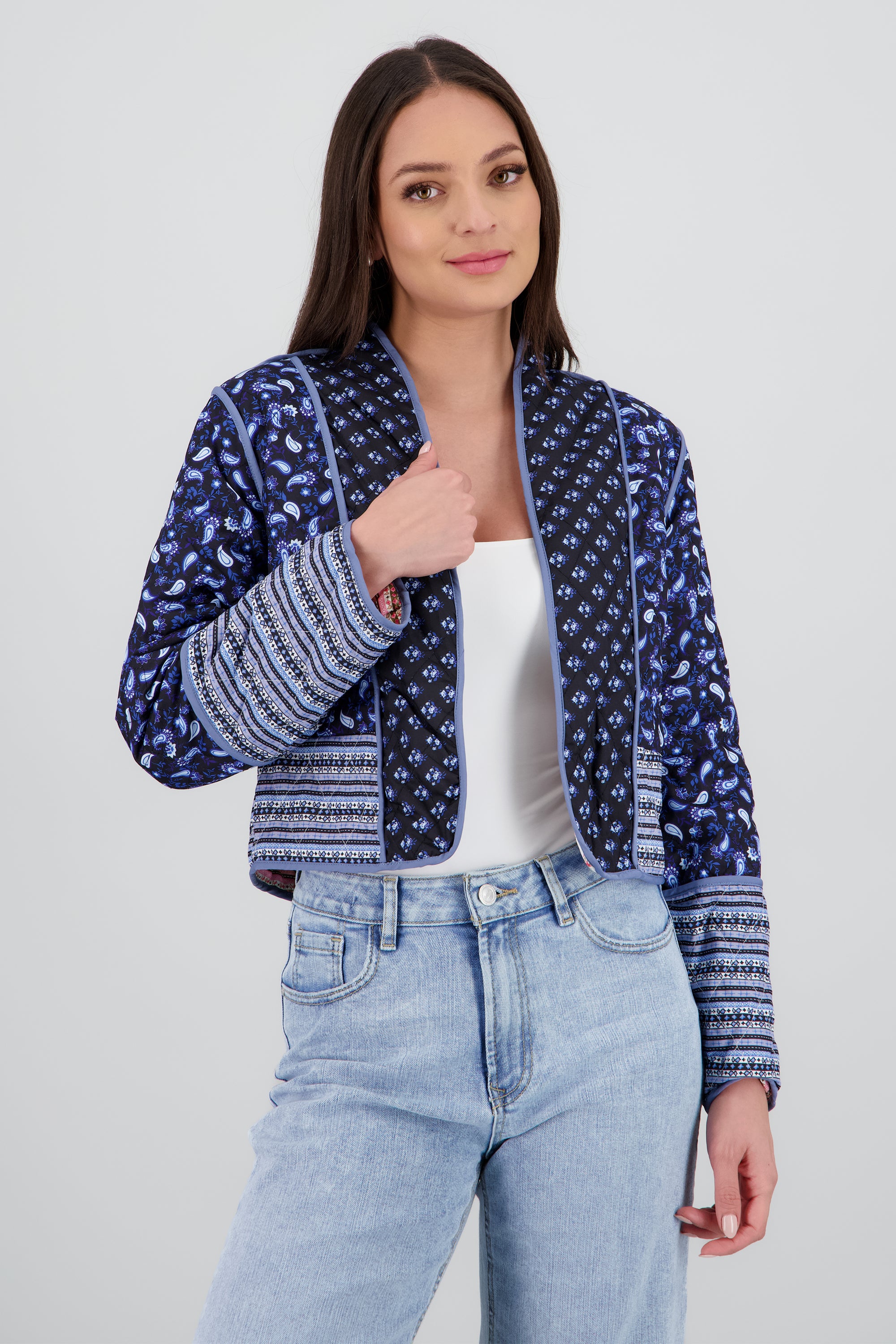 Chamarra crop doble vista mini flores AZUL COMBO