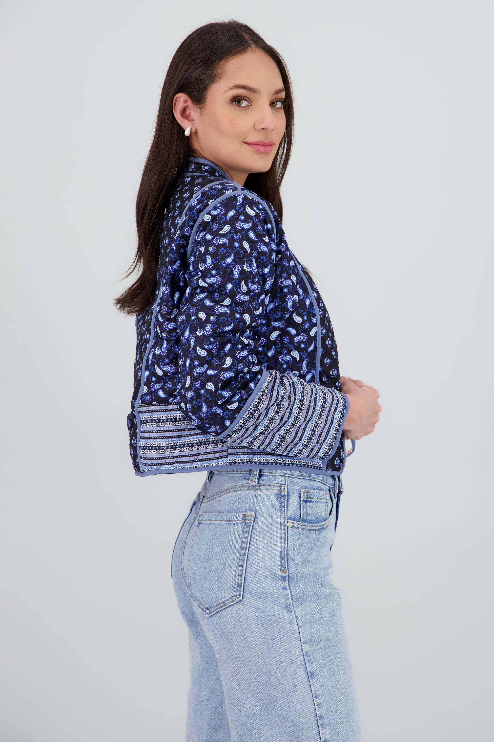 Chamarra crop doble vista mini flores AZUL COMBO