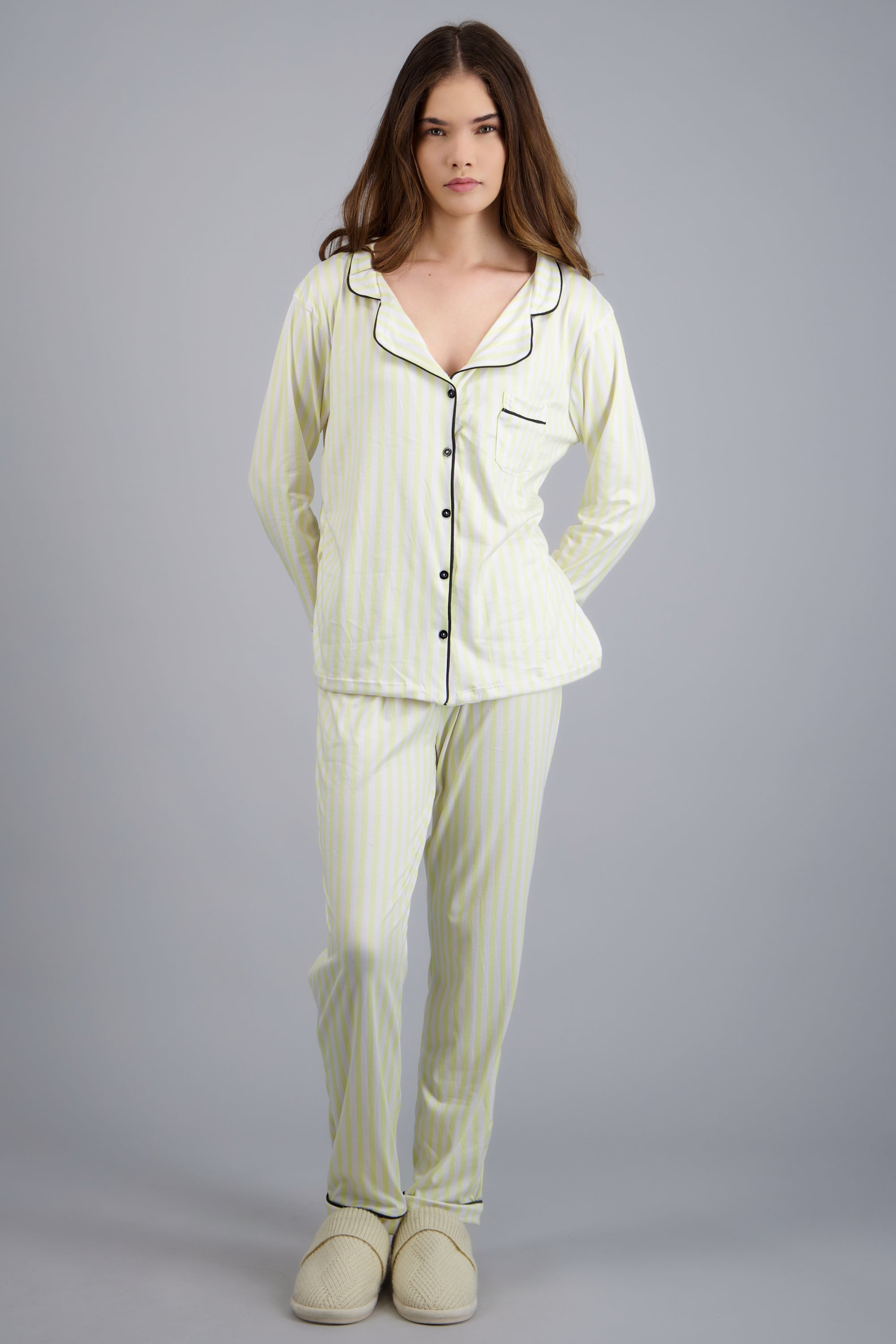 Pijama camisera rayas suave AMARILLO