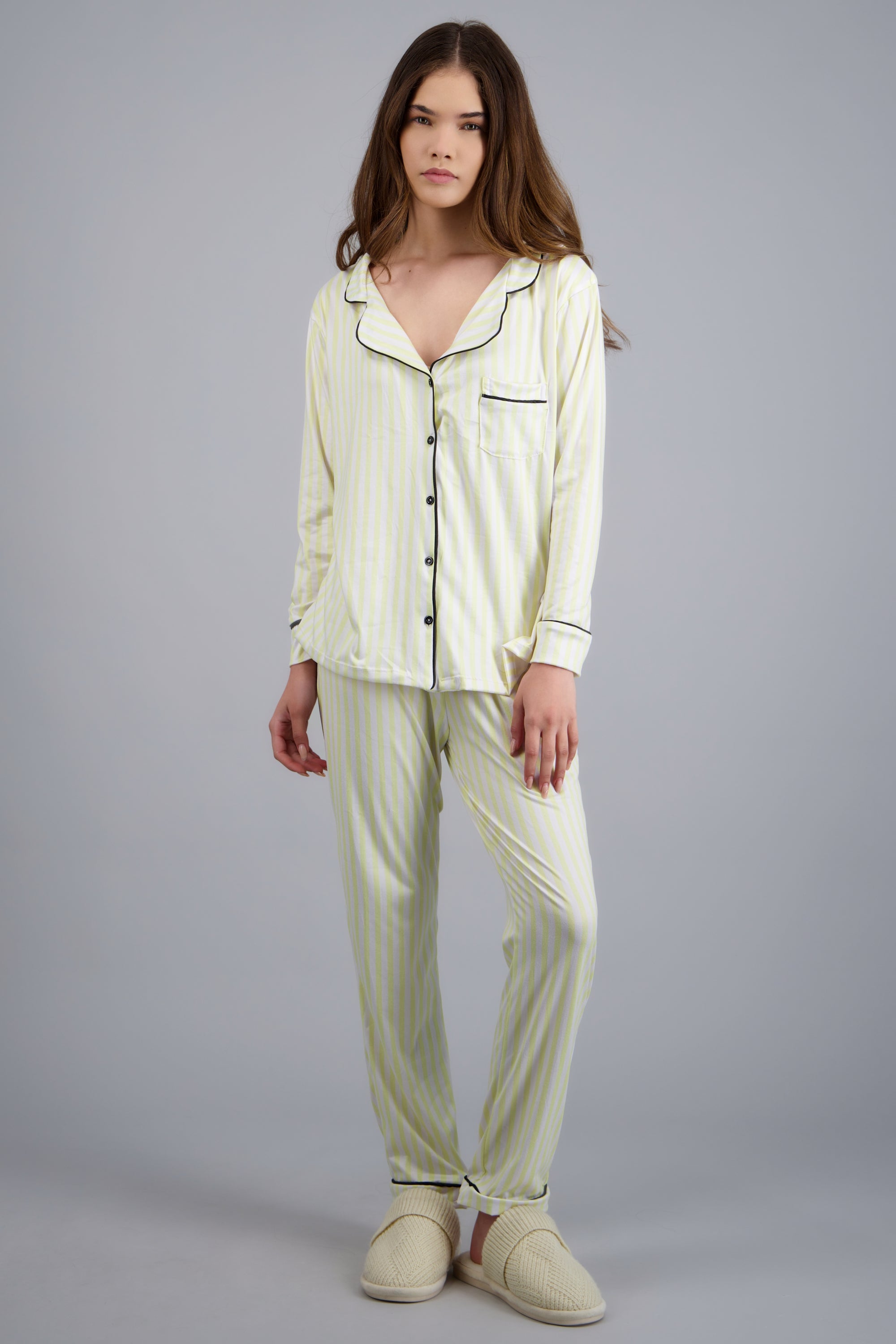 Pijama camisera rayas suave AMARILLO