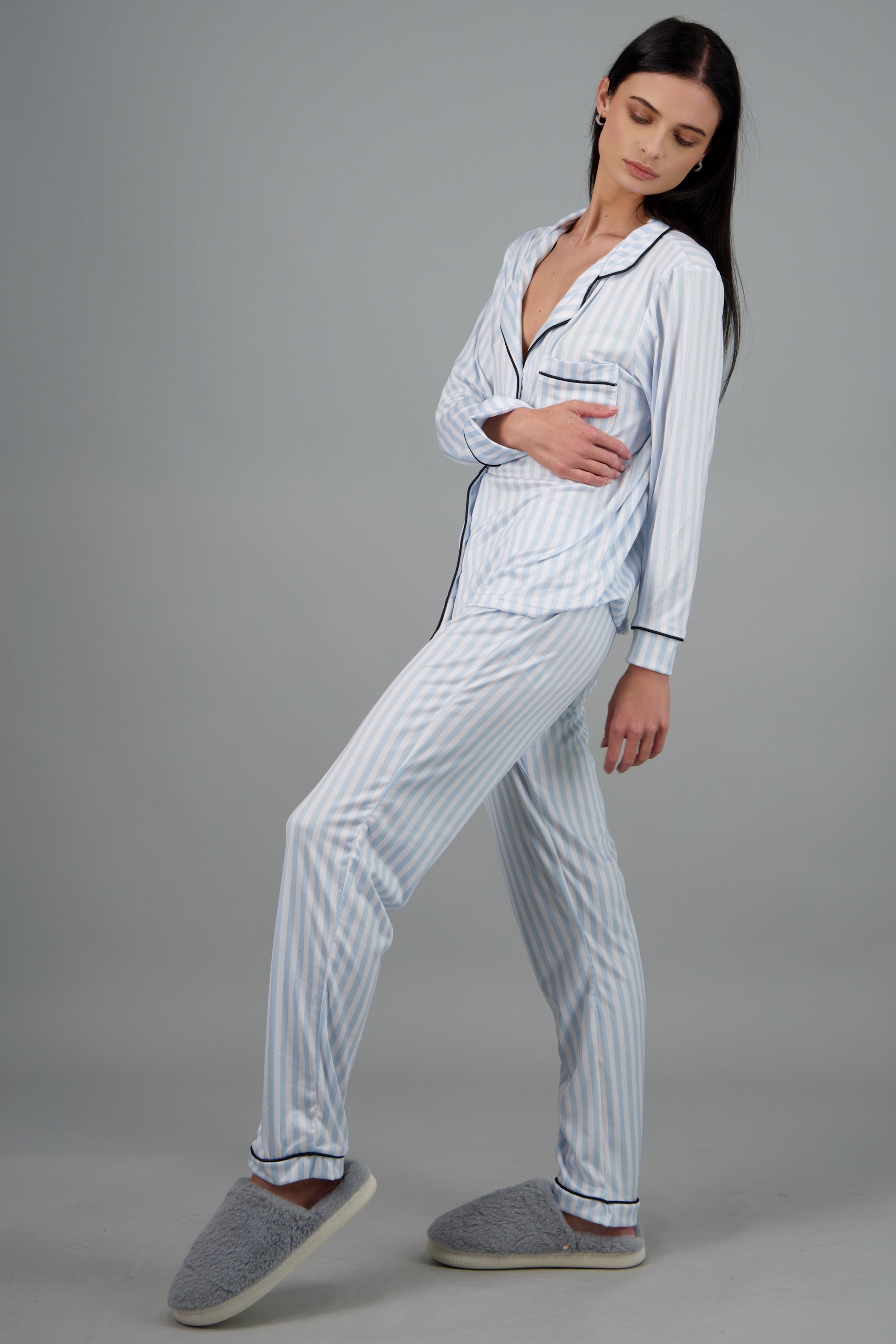 Pijama camisera rayas suave AZUL CIELO