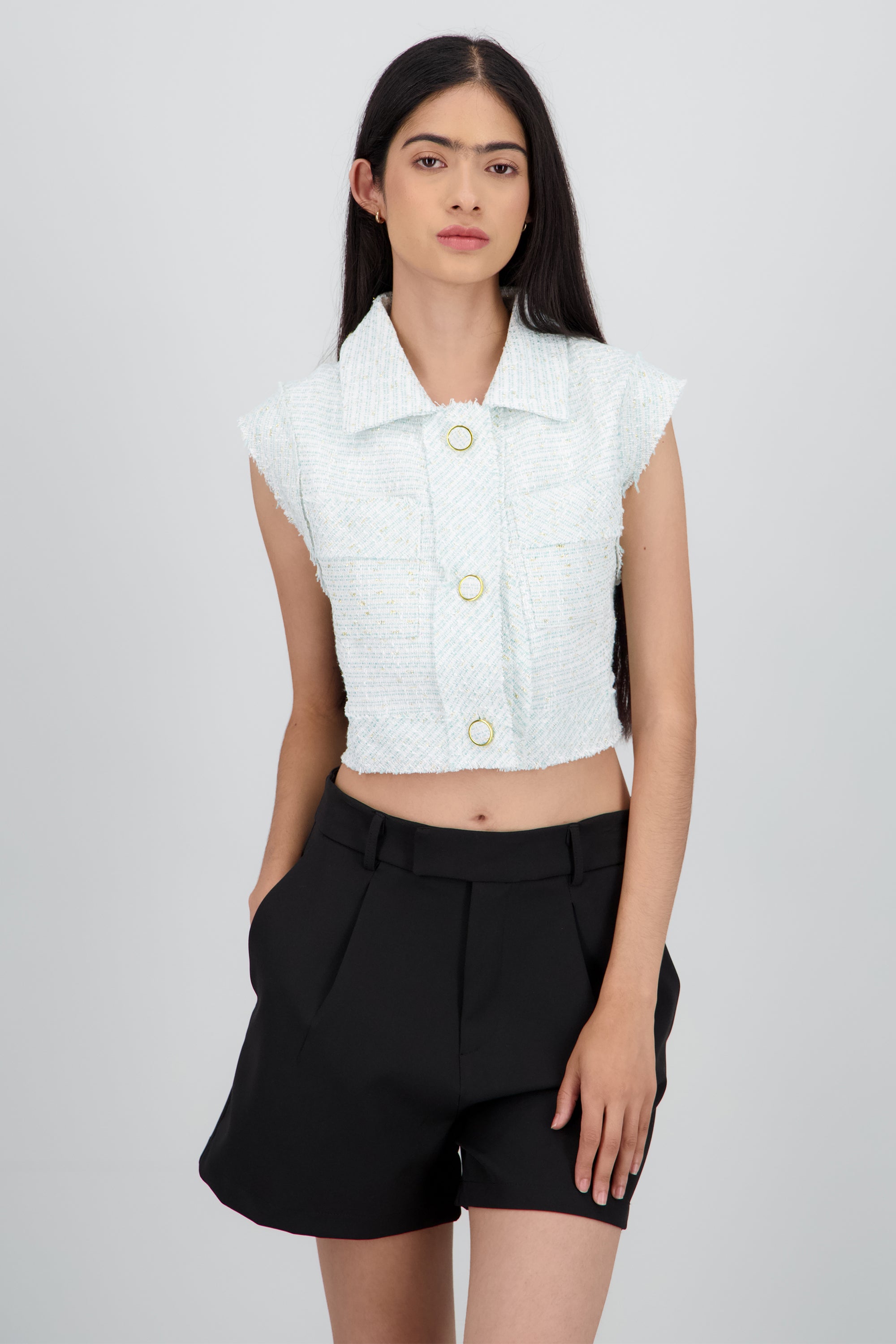 Top tweed botones sin manga MENTA