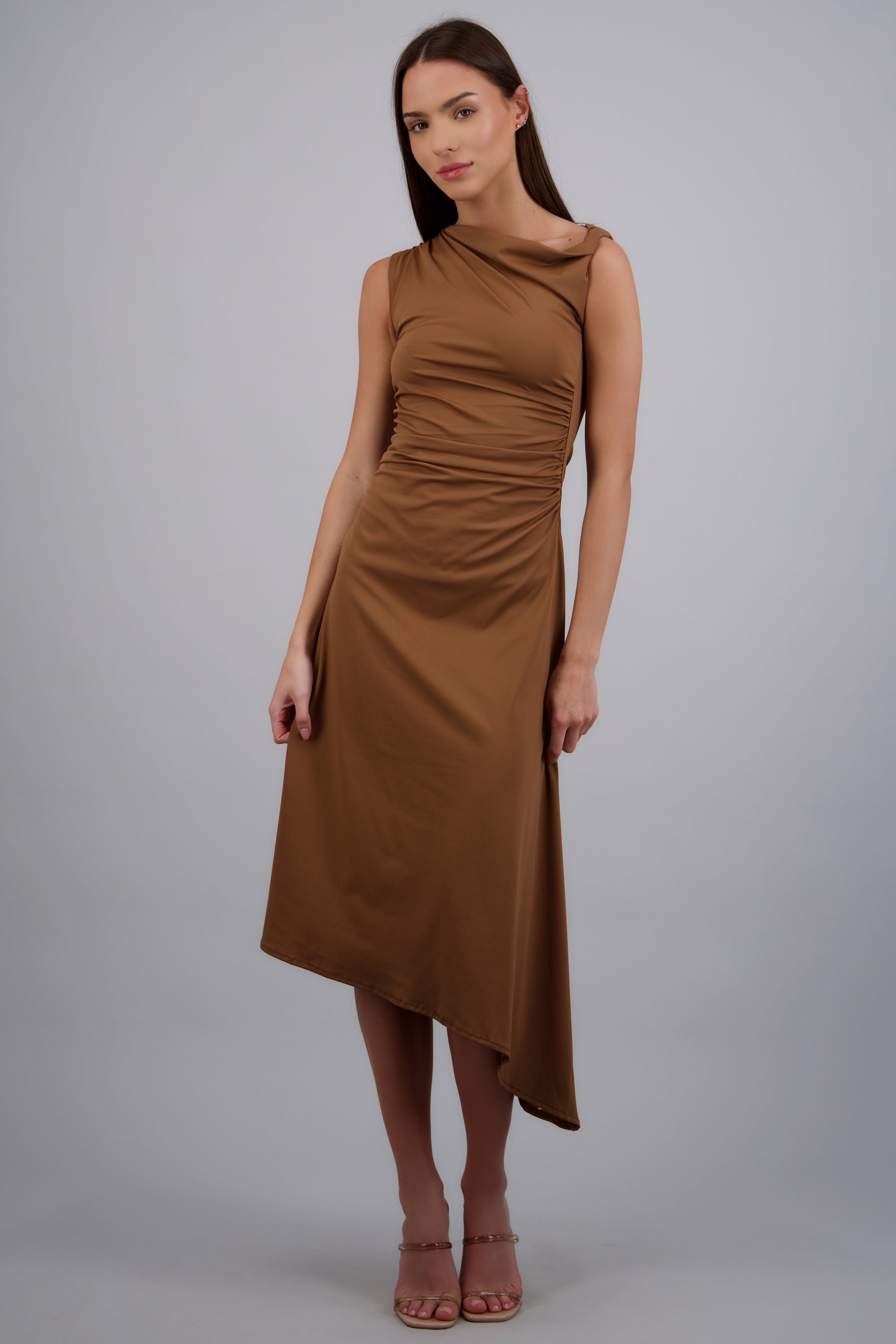 VESTIDO MIDI HOMBRO ASIMETRICO HYPSTERS CHOCOLATE