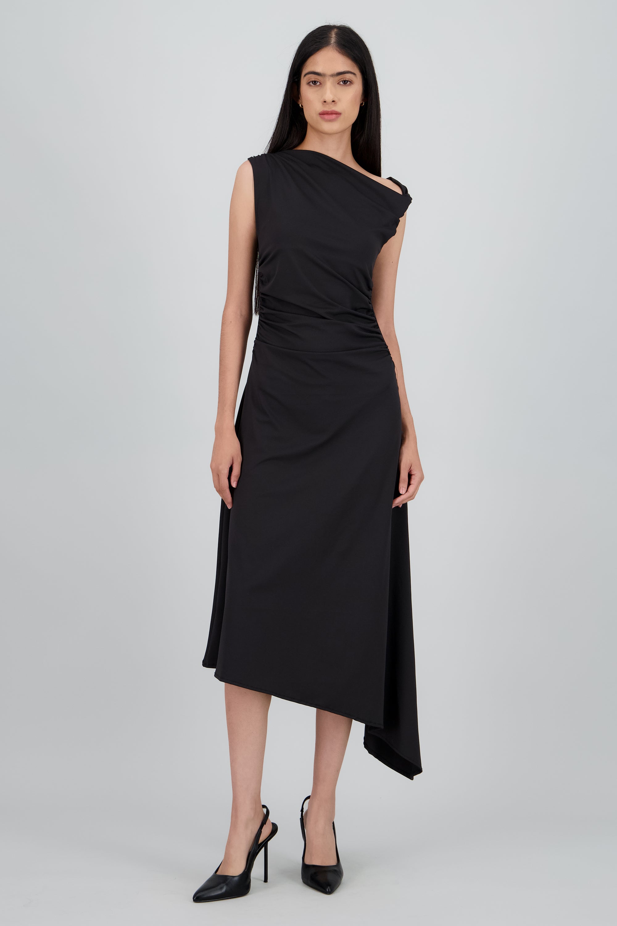 Vestido midi hombro asimetrico NEGRO