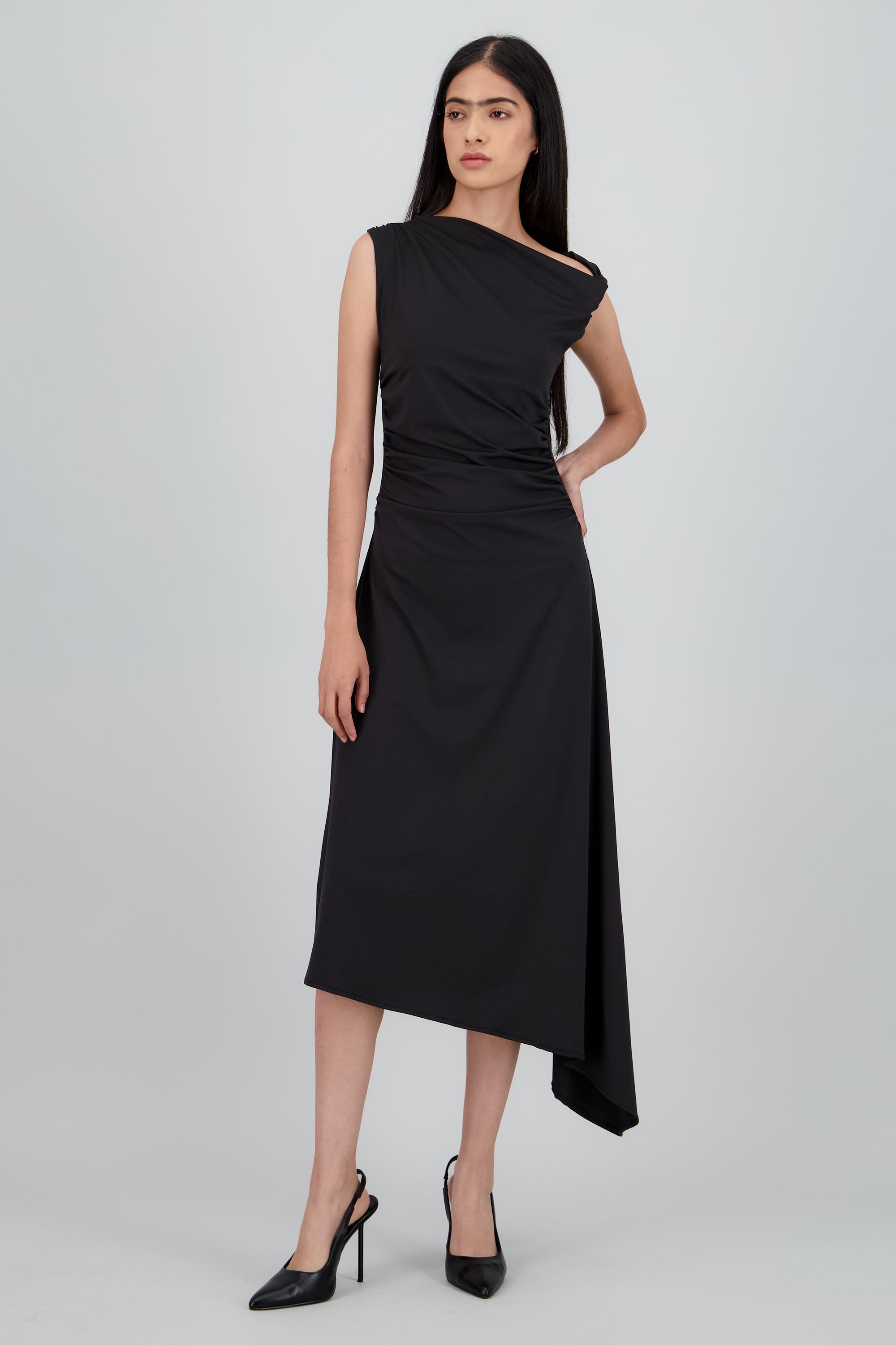 Vestido midi hombro asimetrico NEGRO