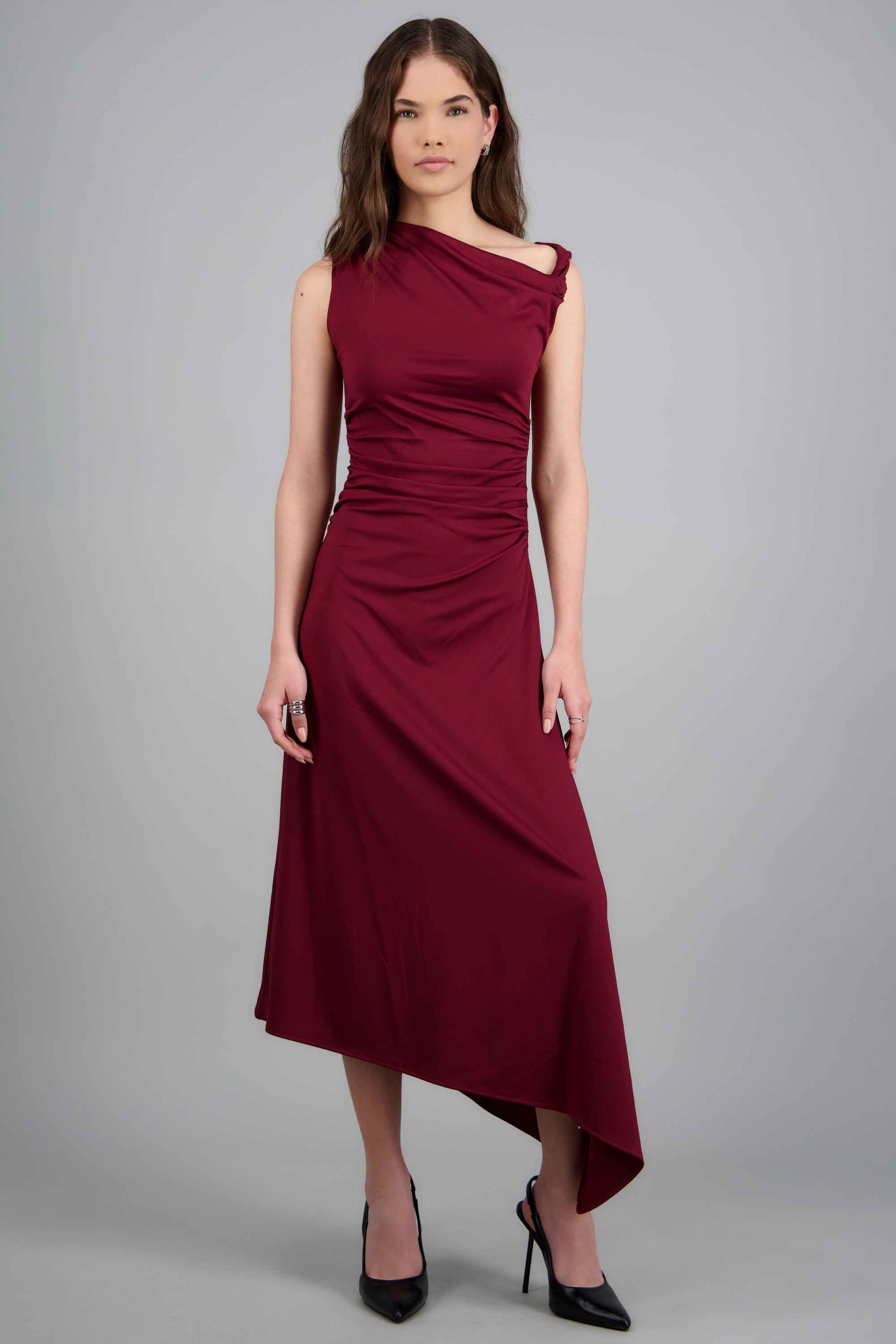 VESTIDO MIDI HOMBRO ASIMETRICO HYPSTERS VINO
