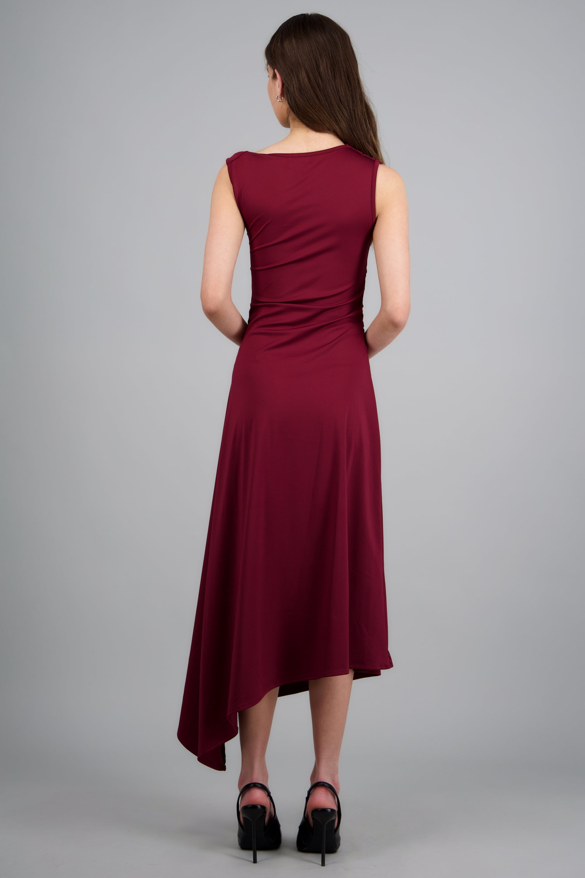VESTIDO MIDI HOMBRO ASIMETRICO HYPSTERS VINO
