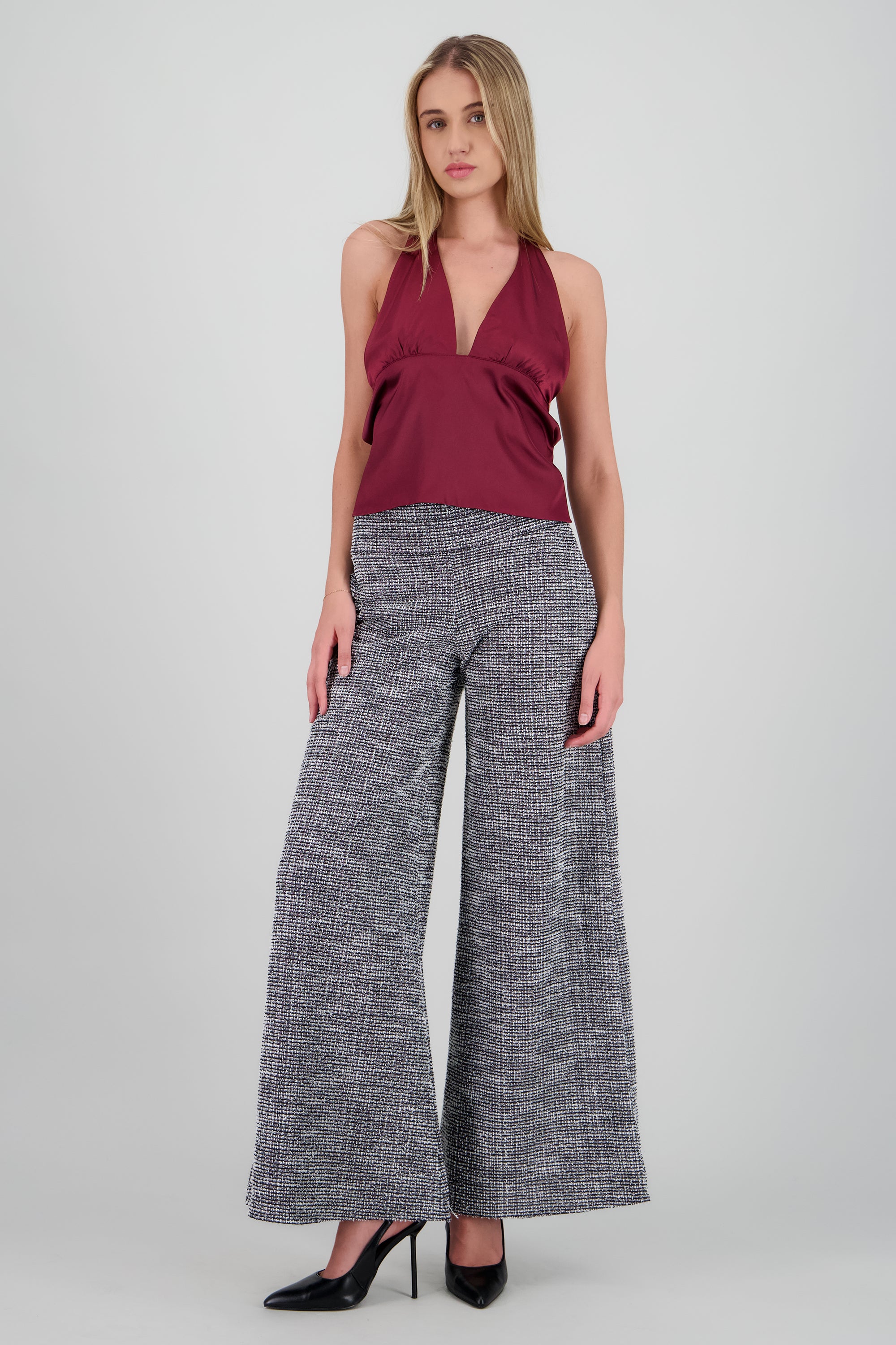 Pantalon tweed amplio cintura media NEGRO COMBO