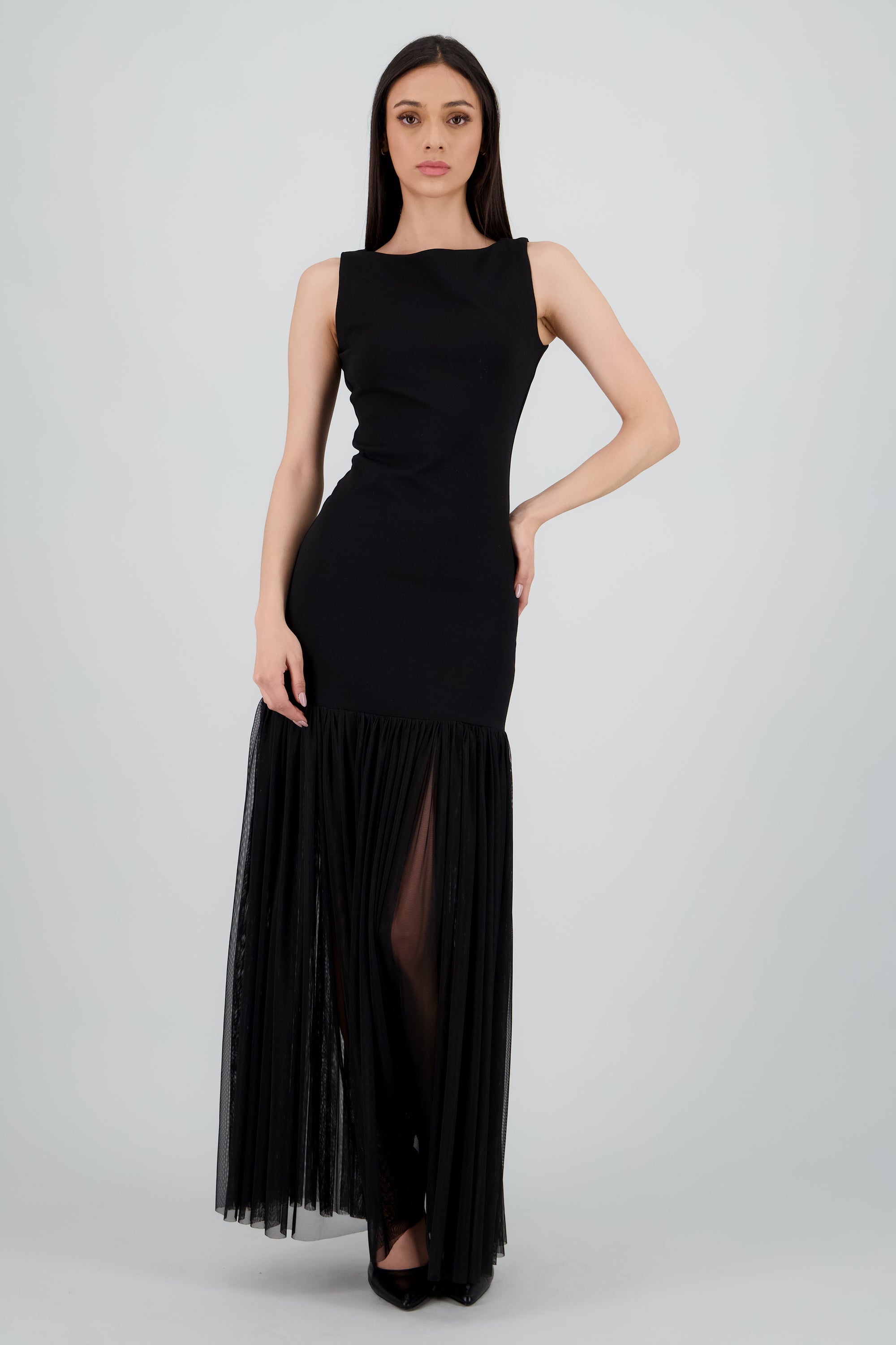 Vestido maxi drop waist falda mesh NEGRO